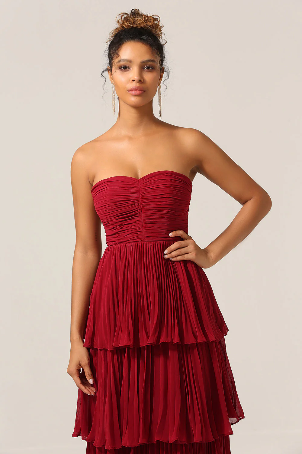 Charming A Line Strapless Burgudy Long Bridesmaid Dress with Ruffles - JUORTHO