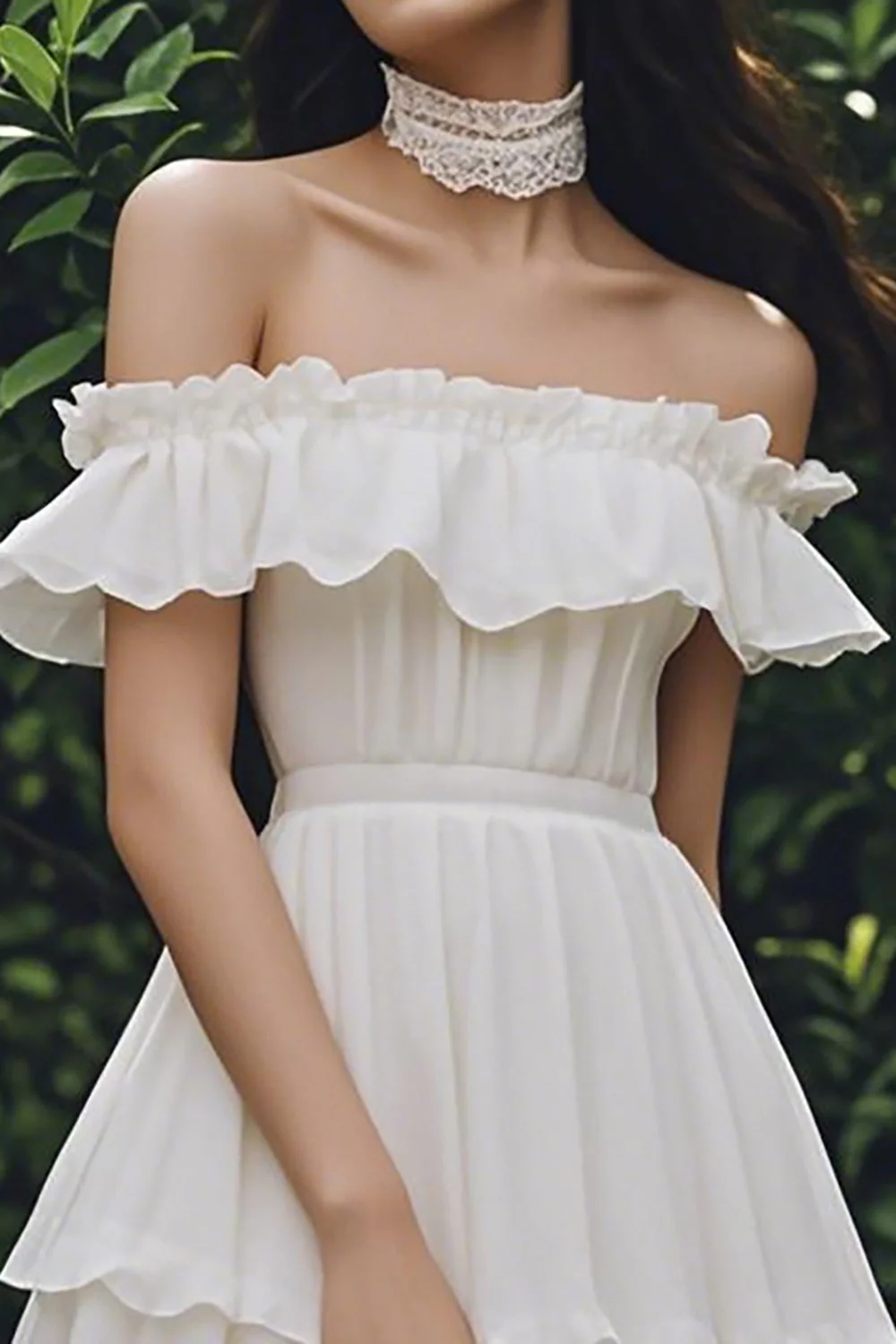 Ivory Chiffon Short A Line Off the Shoulder Graduation Dress with Ruffles - JUORTHO