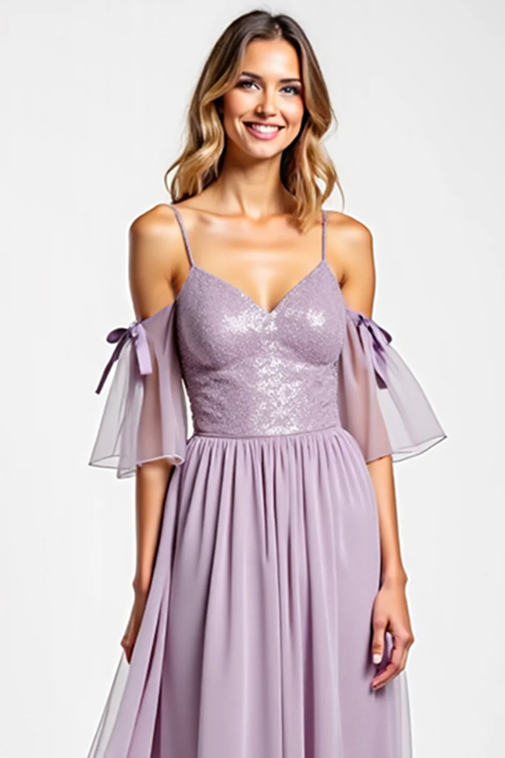 A Line Purple Long V-Neck Chiffon Bridesmaid Dress - JUORTHO