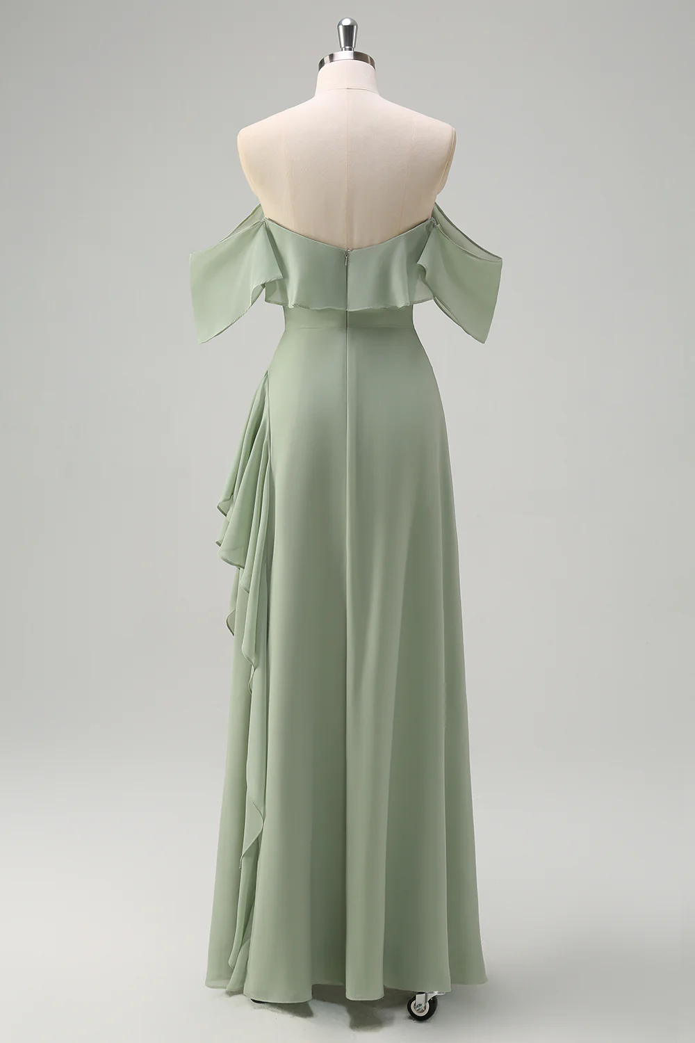 Light Green Off The Shoulder Chiffon Long Bridesmaid Dress - JUORTHO