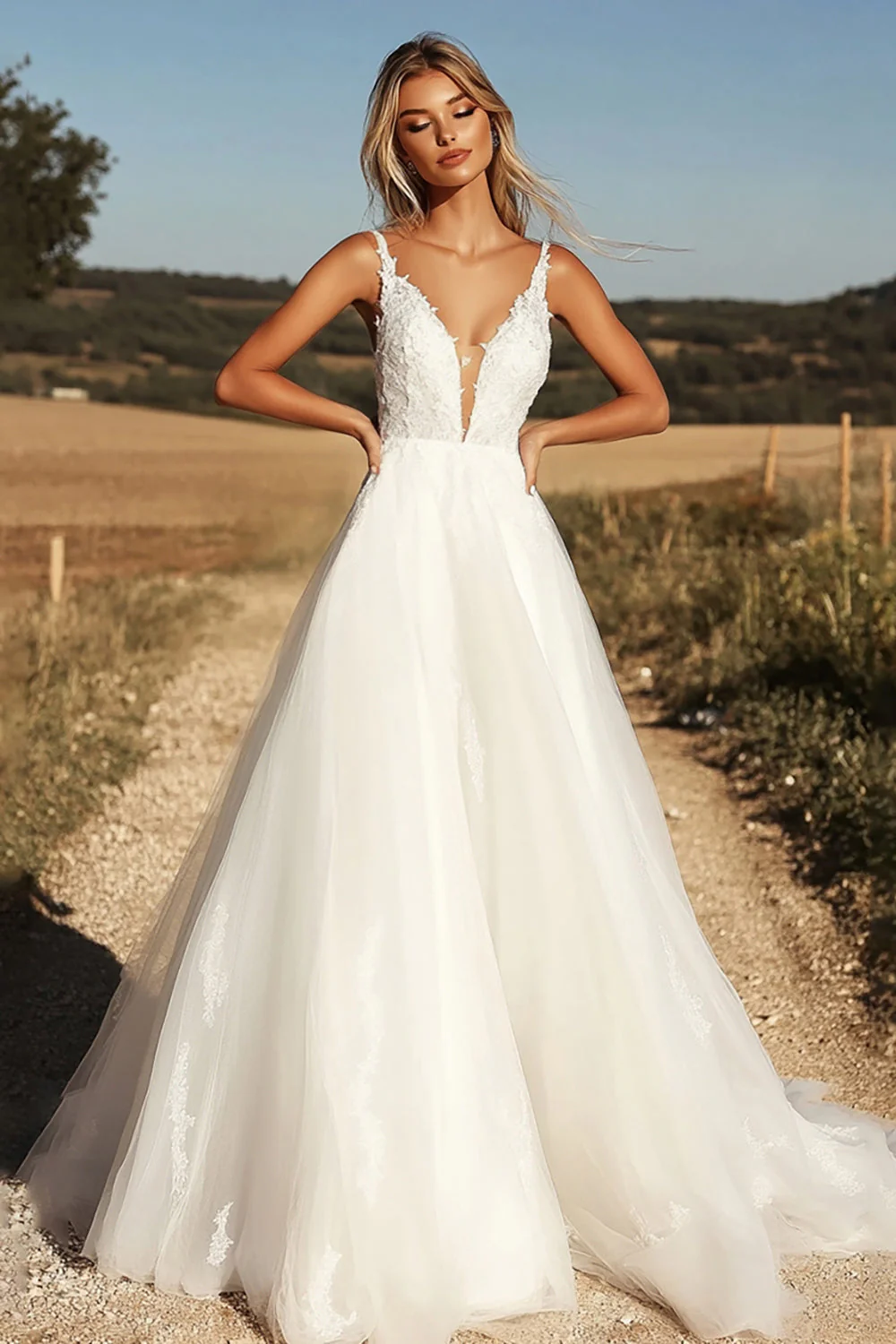 Delicate Ivory V Neck Tulle A Line Lace Applique Wedding Dress - JUORTHO