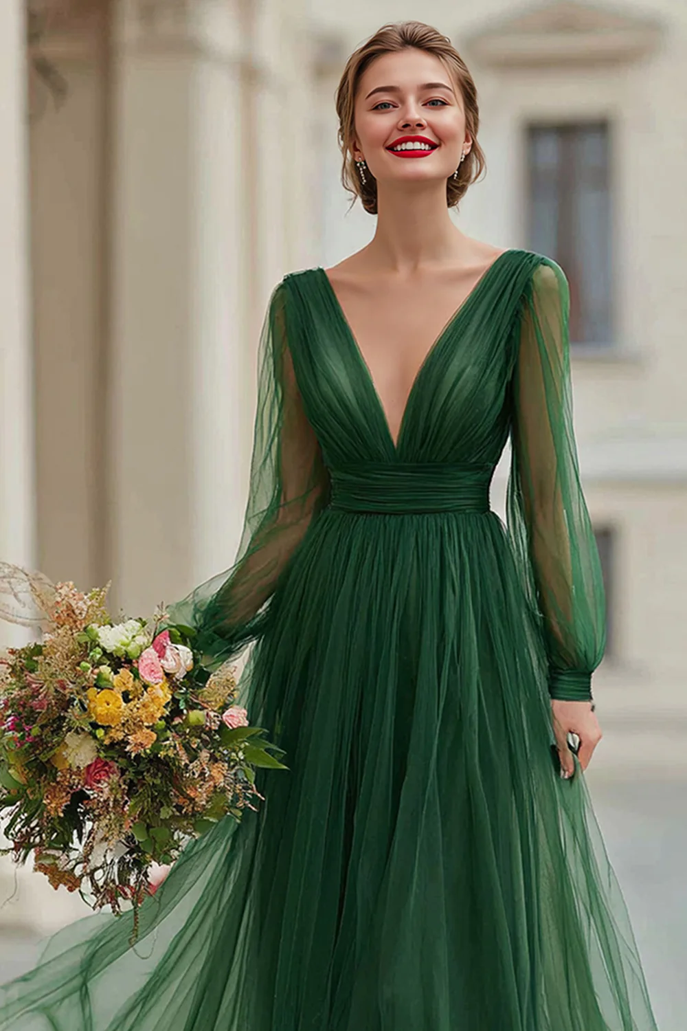 Dark Green V-Neck Tulle A-Line Long Bridesmaid Dress with Sleeves - JUORTHO