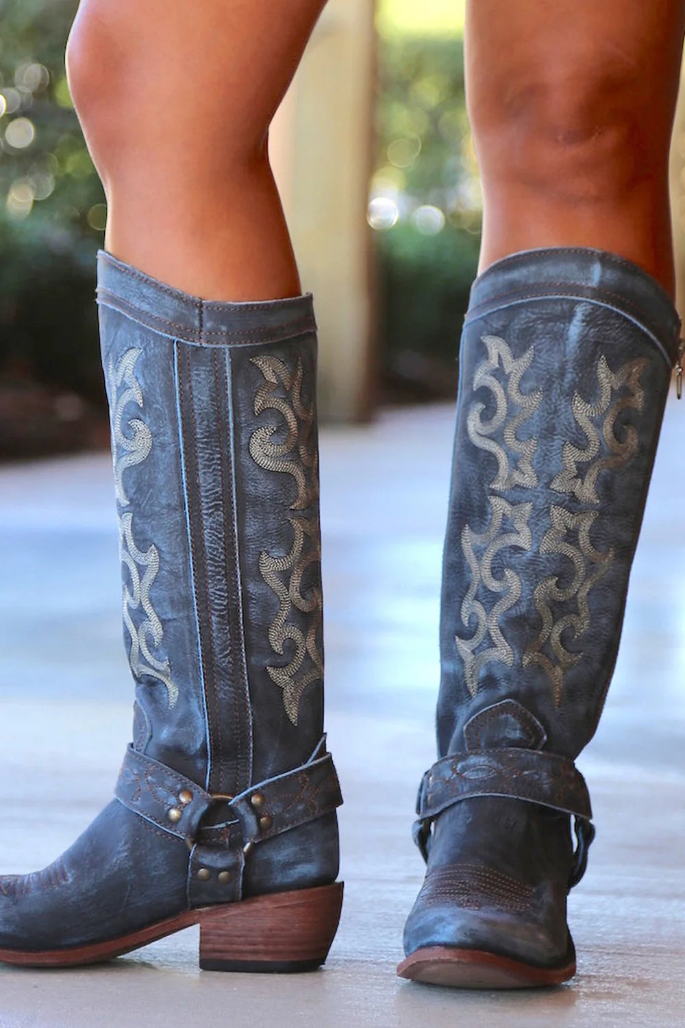 Blue Embroidered Cowgirl Boho Mid Calf Boots - JUORTHO