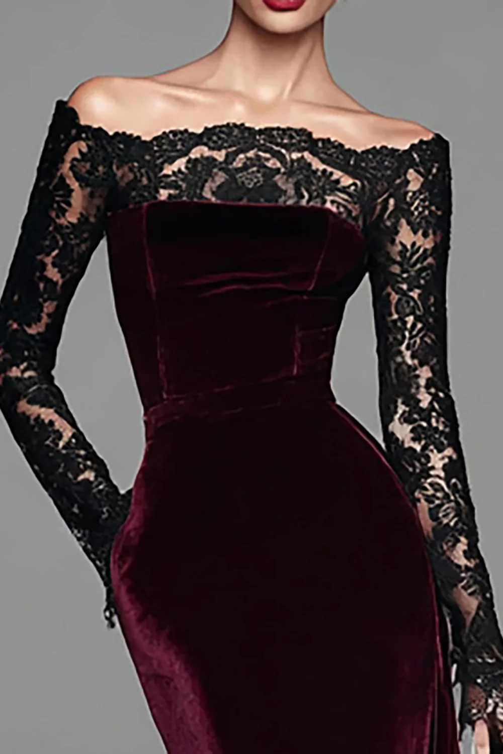 Burgundy Velvet Mermaid Long Sleeves Holiday Party Dress with Lace - JUORTHO