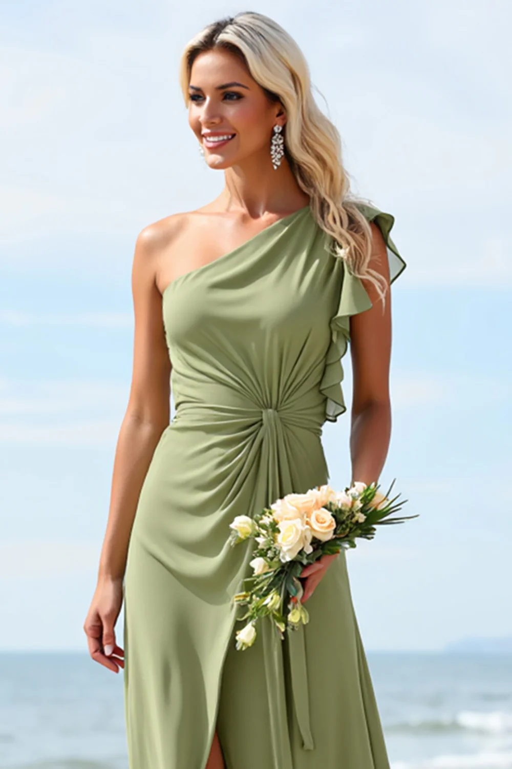 Sheath Chiffon Dusty Sage Boho Long Rufffled Bridesmaid Dress with Slit - JUORTHO