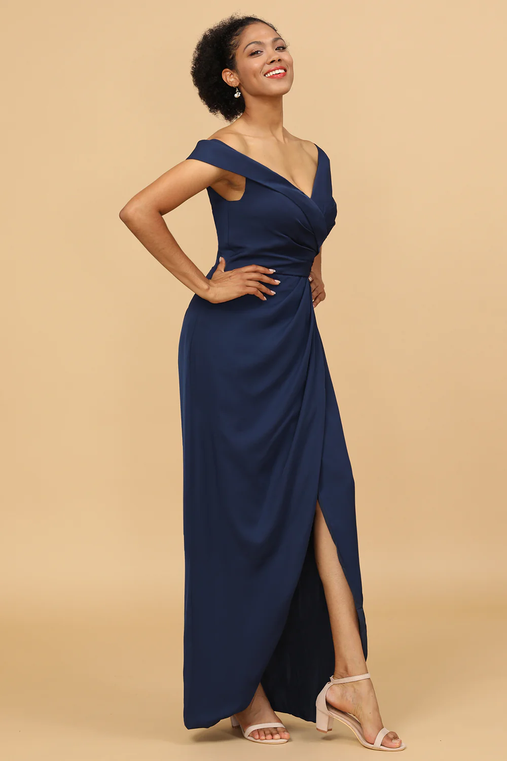 Off-the-Shoulder Navy Asymmetrical Satin Bridesmaid Dress - JUORTHO