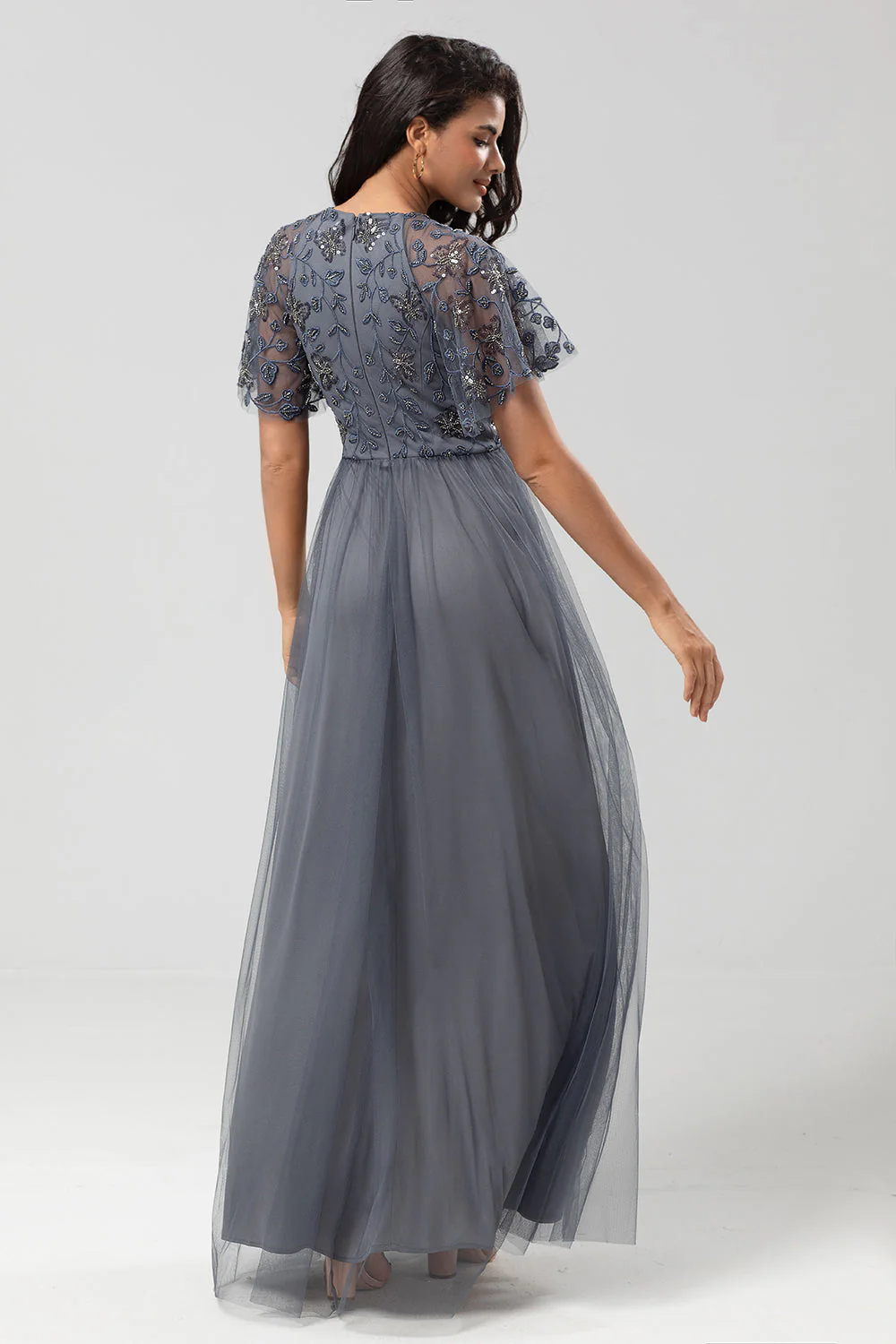 Classic Elegance A-Line Jewel Neck Grey Long Mother Dress with Short Sleeves - JUORTHO
