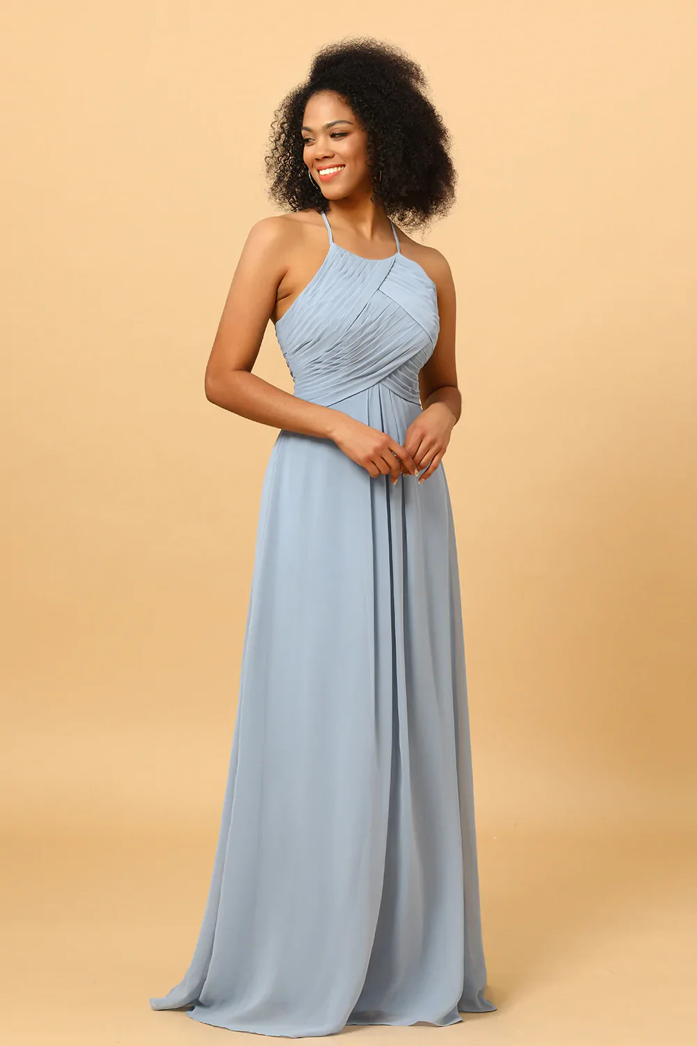 Halter Chiffon Blue Bridesmaid Dress with Ruffles - JUORTHO