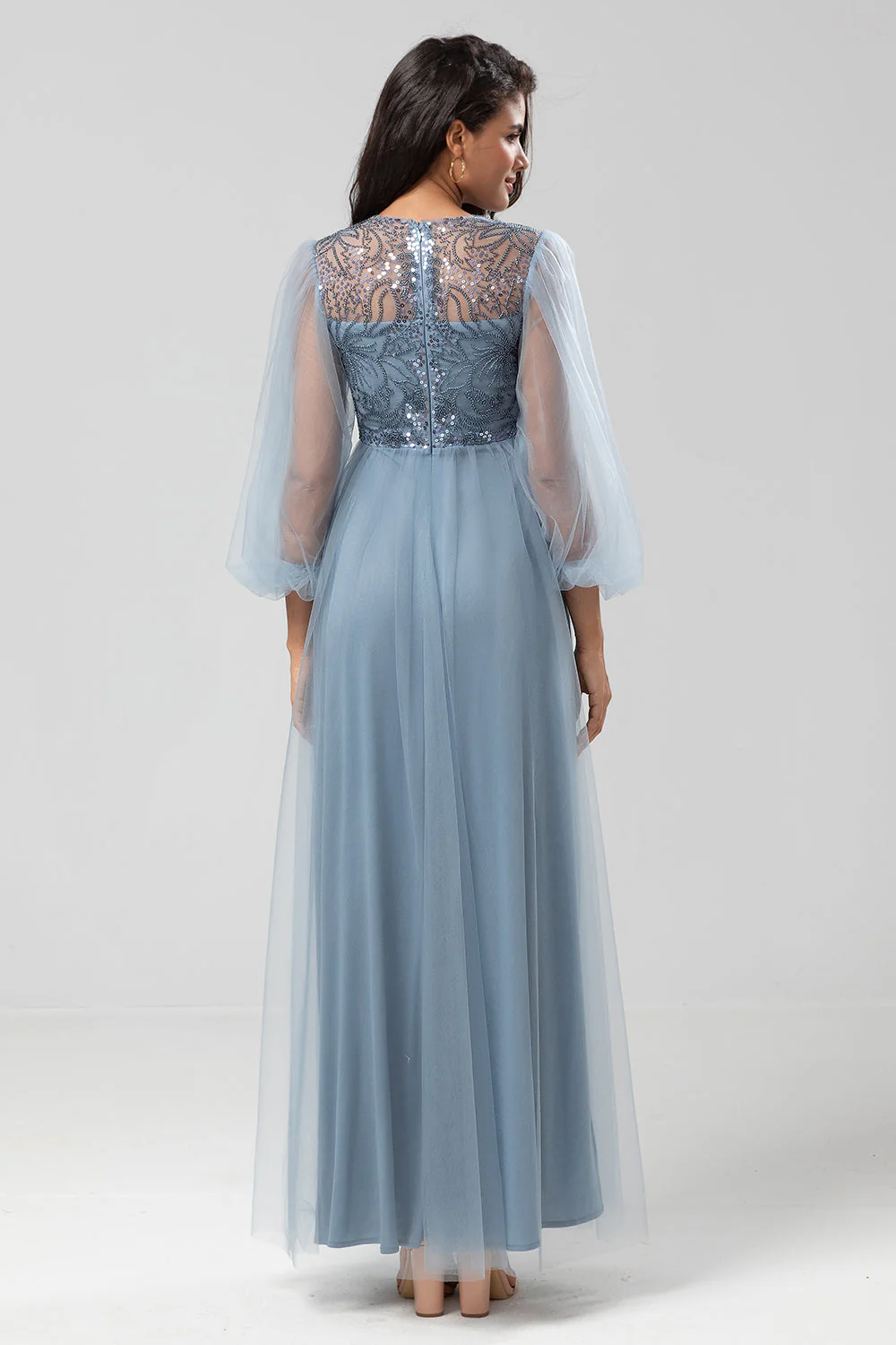 Chic Romantic A Line Jewel Neck Grey Blue Long Wedding Party Dress with Long Sleeves - JUORTHO