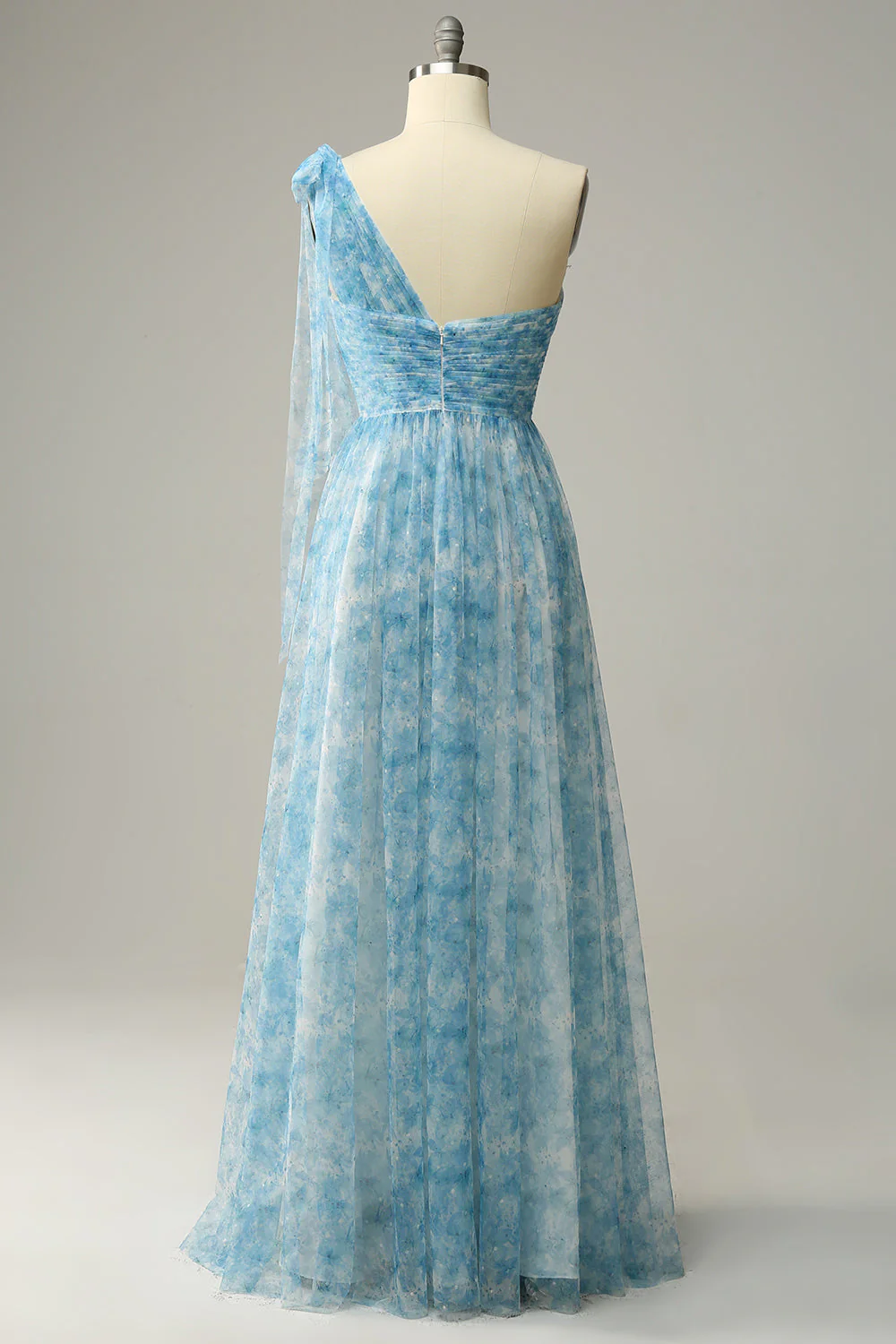 Red A Line One Shoulder Print Long Tulle Bridesmaid Dress - JUORTHO