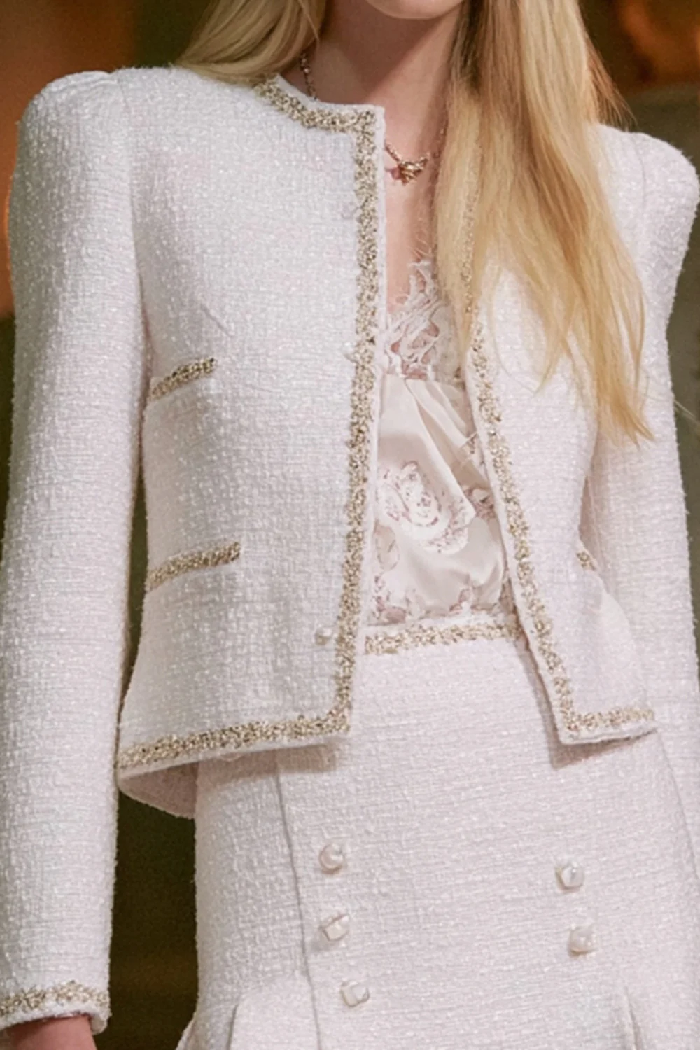 White 2 Piece Long Sleeves Tweed Homecoming Outfits with Buttons - JUORTHO