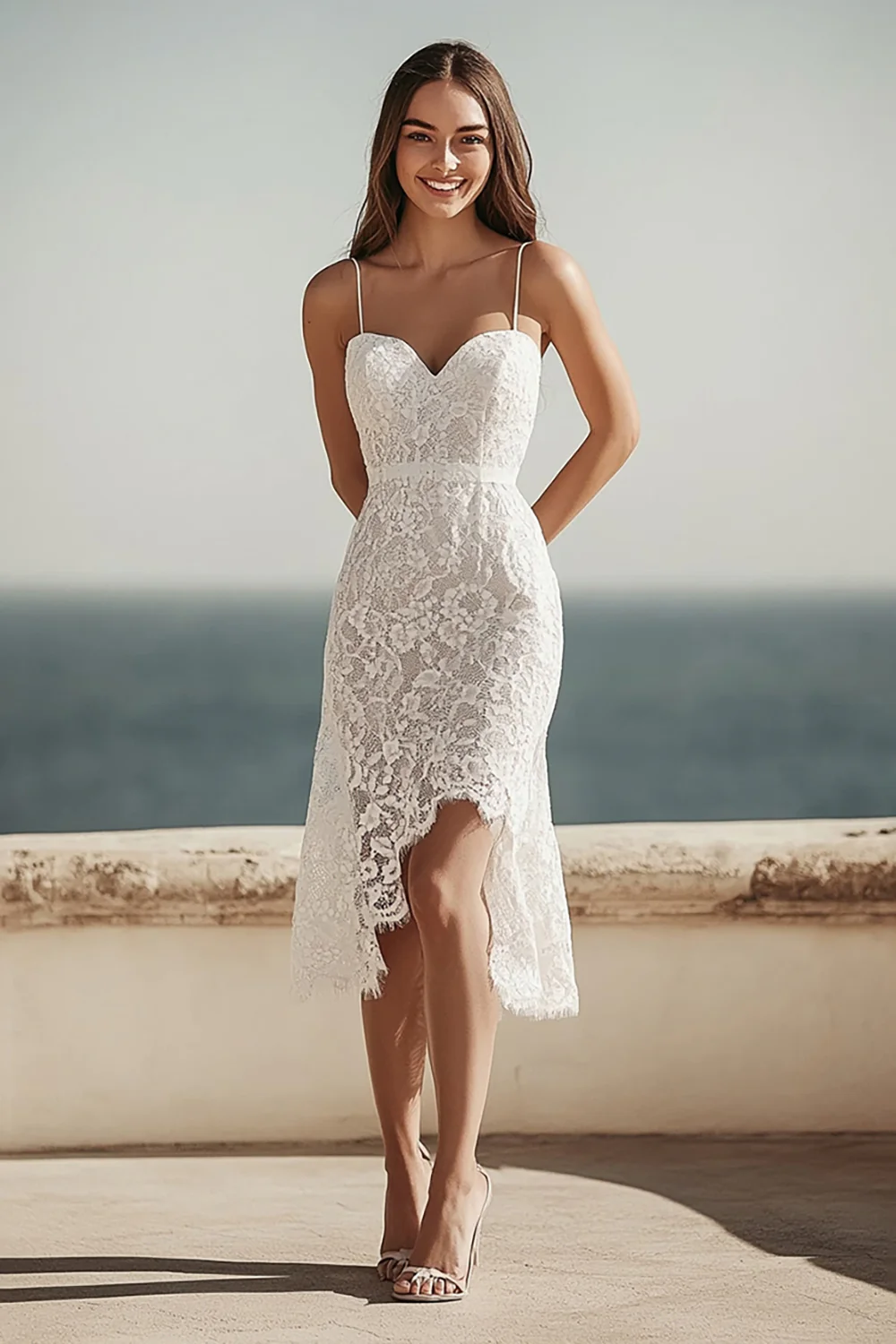 Ivory Lace Bodycon Midi Engagemnt Dress with Slit - JUORTHO