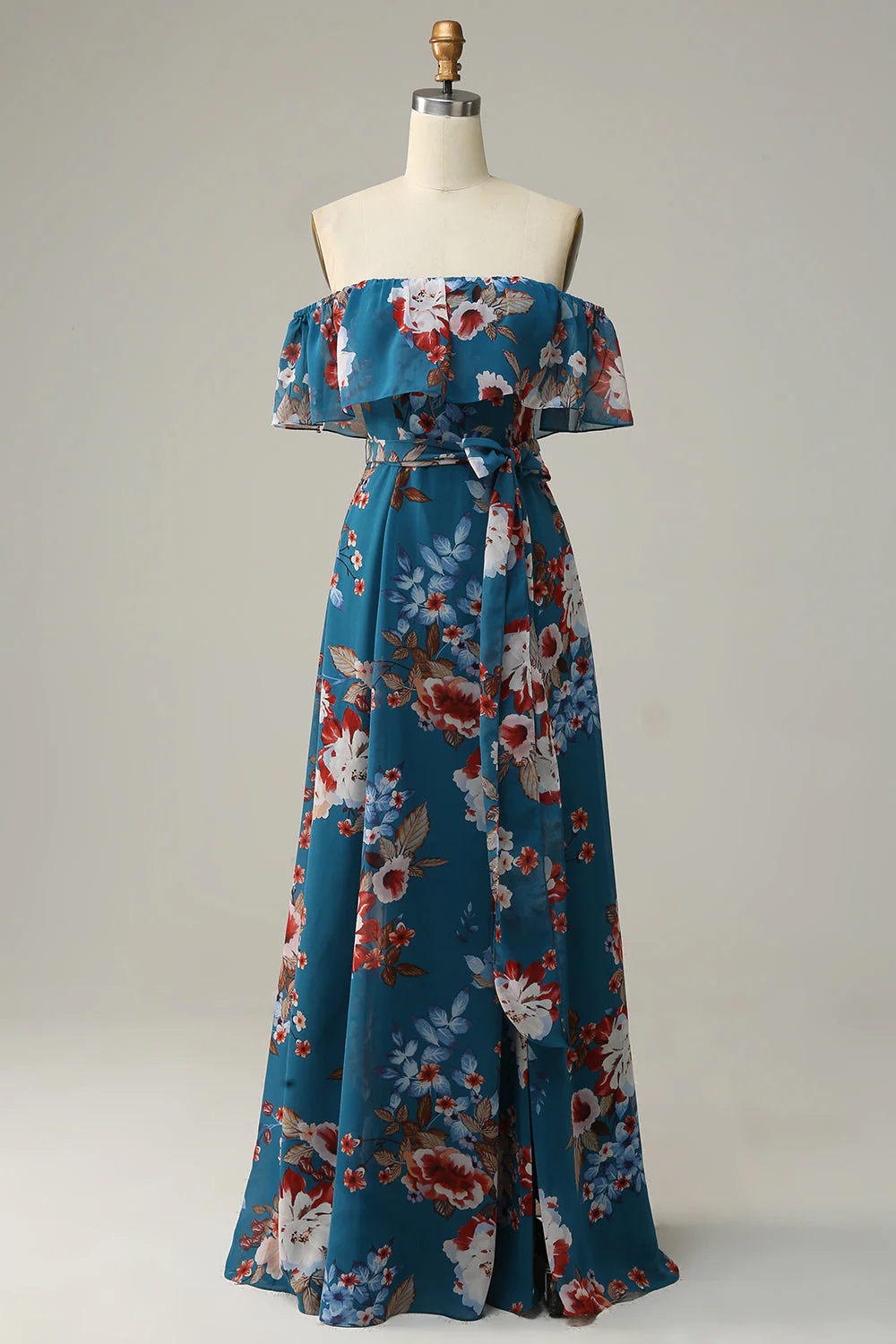 Dark Blue Floral Boho Chiffon Long Bridesmaid Dress - JUORTHO