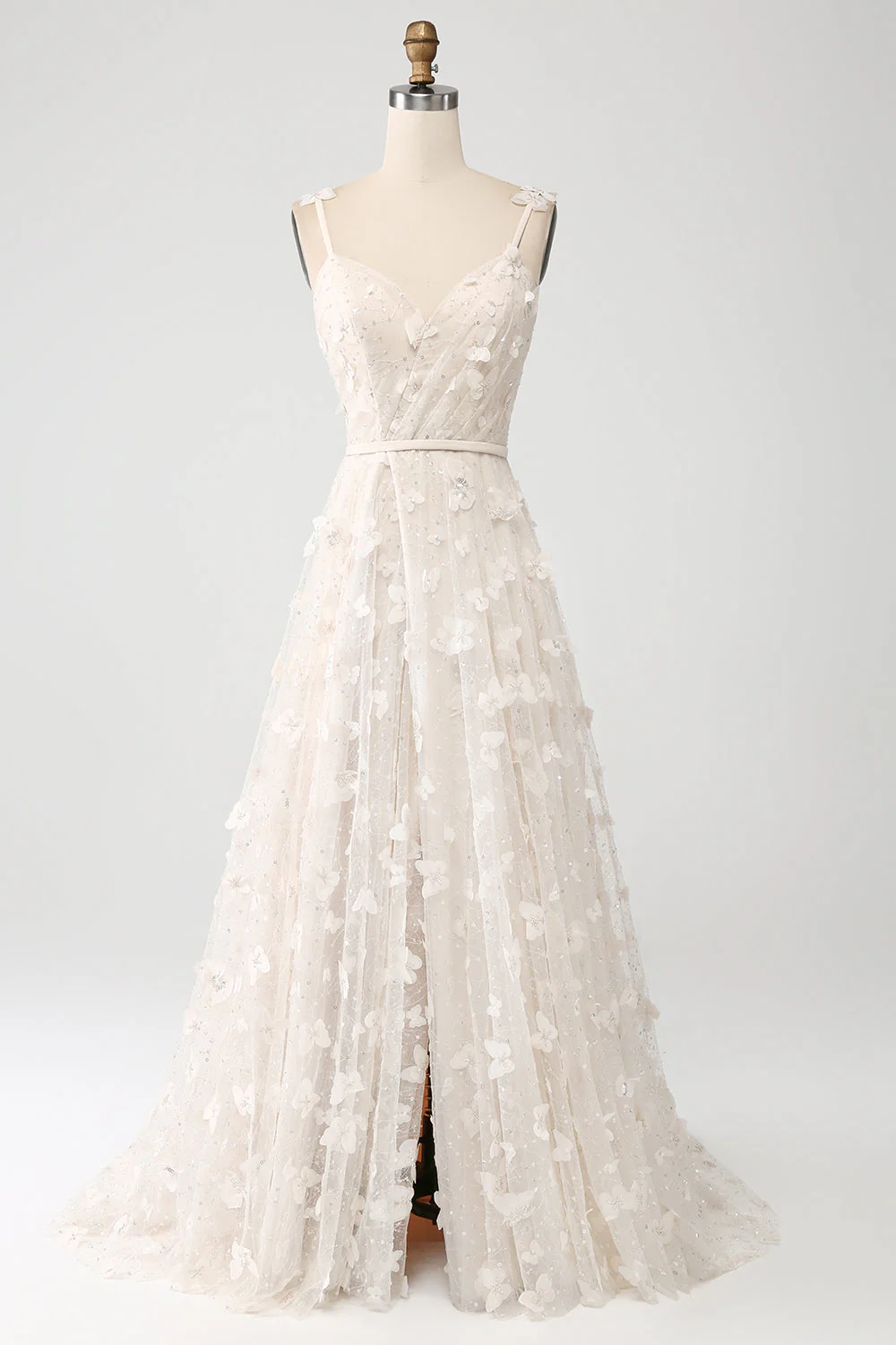 Apricot A Line Spaghetti Straps Appliques Long Wdding Dress with Slit - JUORTHO