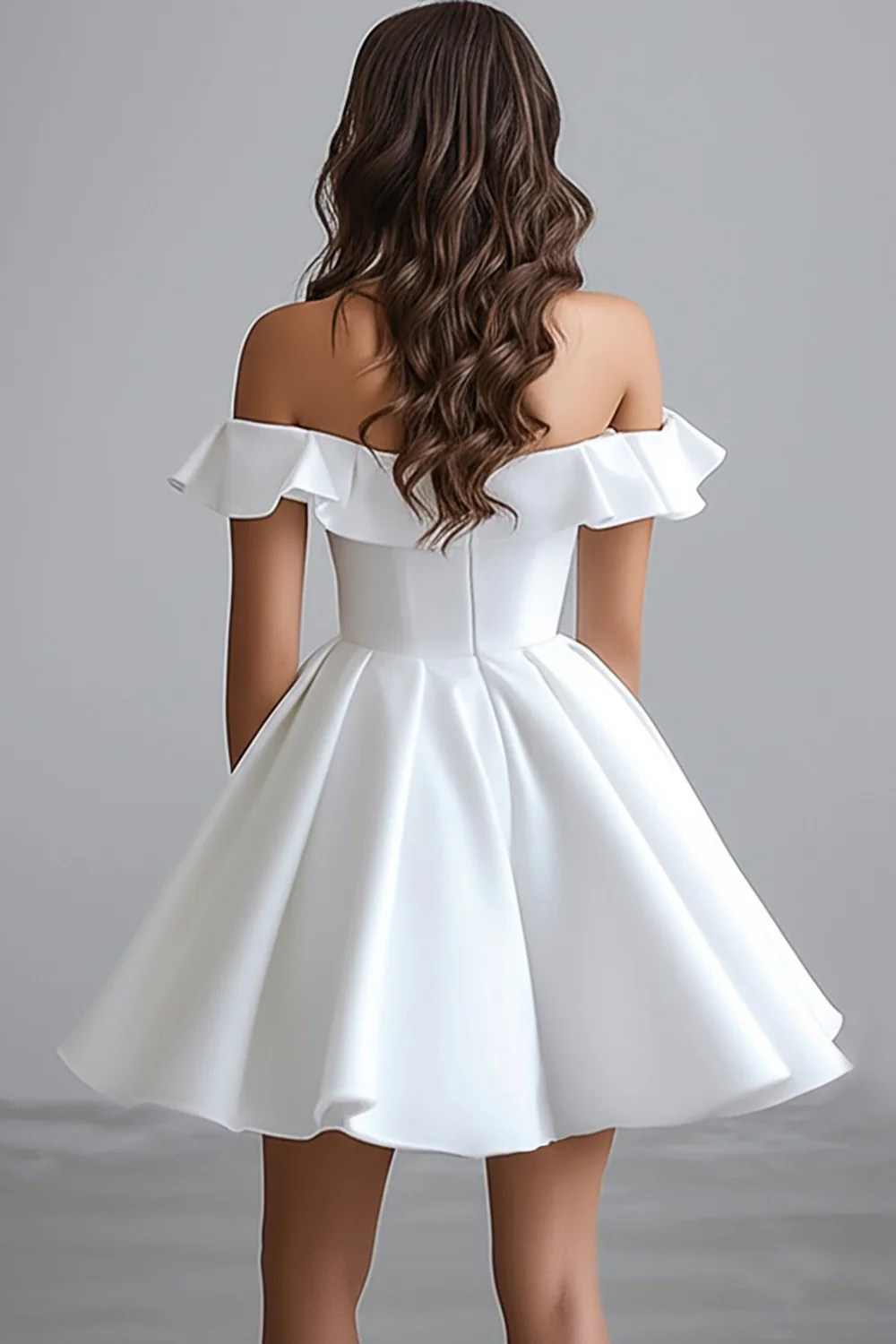 A Line White Satin Off the Shoulder Mini Graduation Dress with Ruffles - JUORTHO