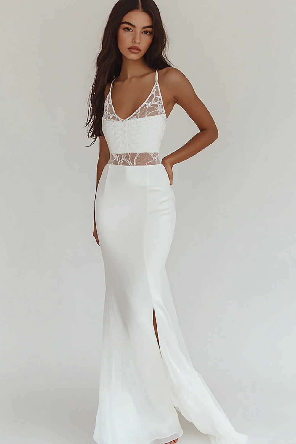 Mermaid White Satin V-Neck Rehearsal Dinner Dress with Slit - JUORTHO