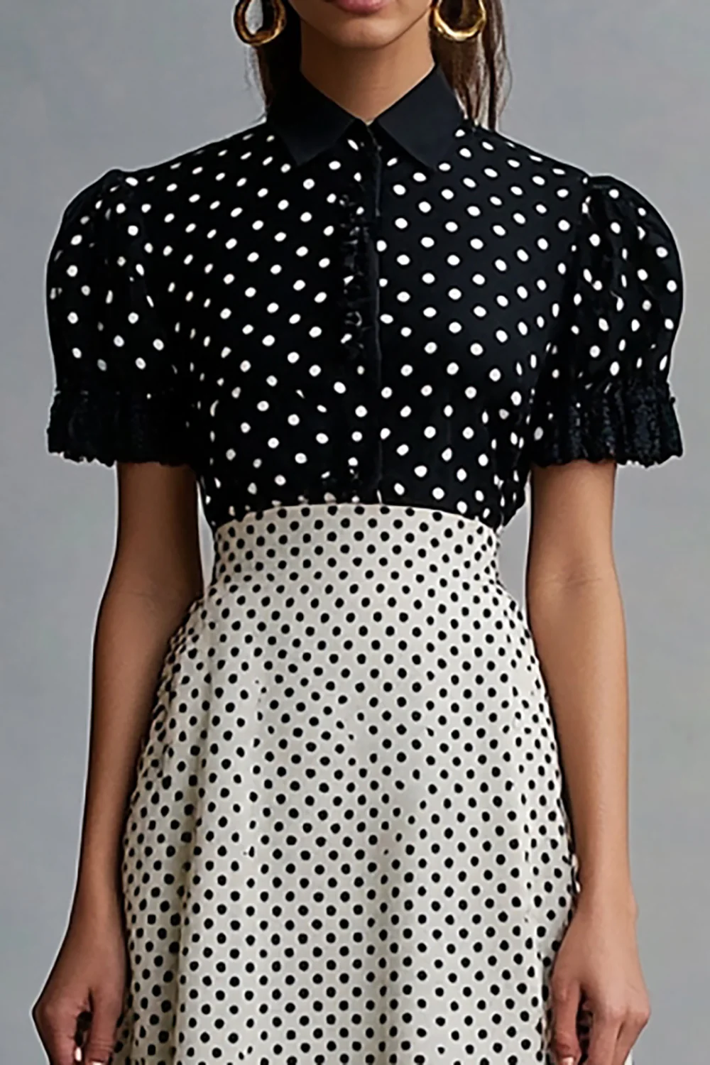 Chiffon Black and White Short Sleeves A Line Midi Polka Dot Dress with Ruffles - JUORTHO