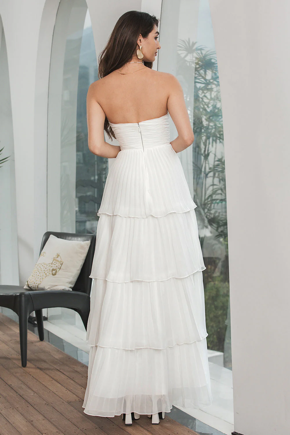 Simple White Pleated Tiered Engagement Party Dress - JUORTHO
