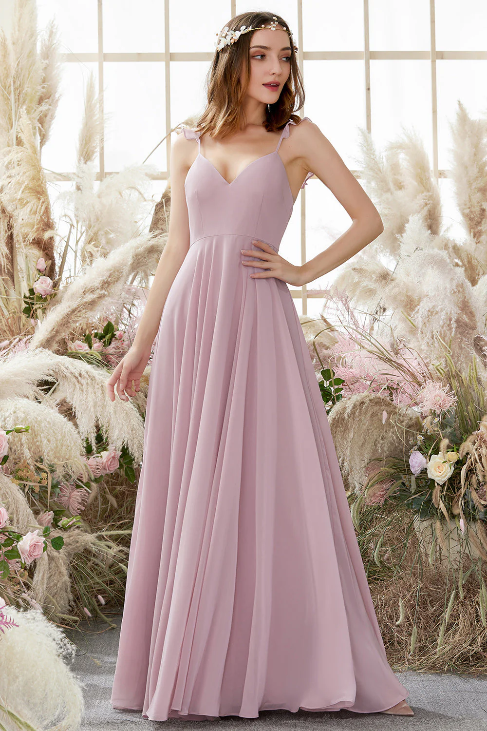 Blush Spaghetti Straps Chiffon Bridesmaid Dress - JUORTHO