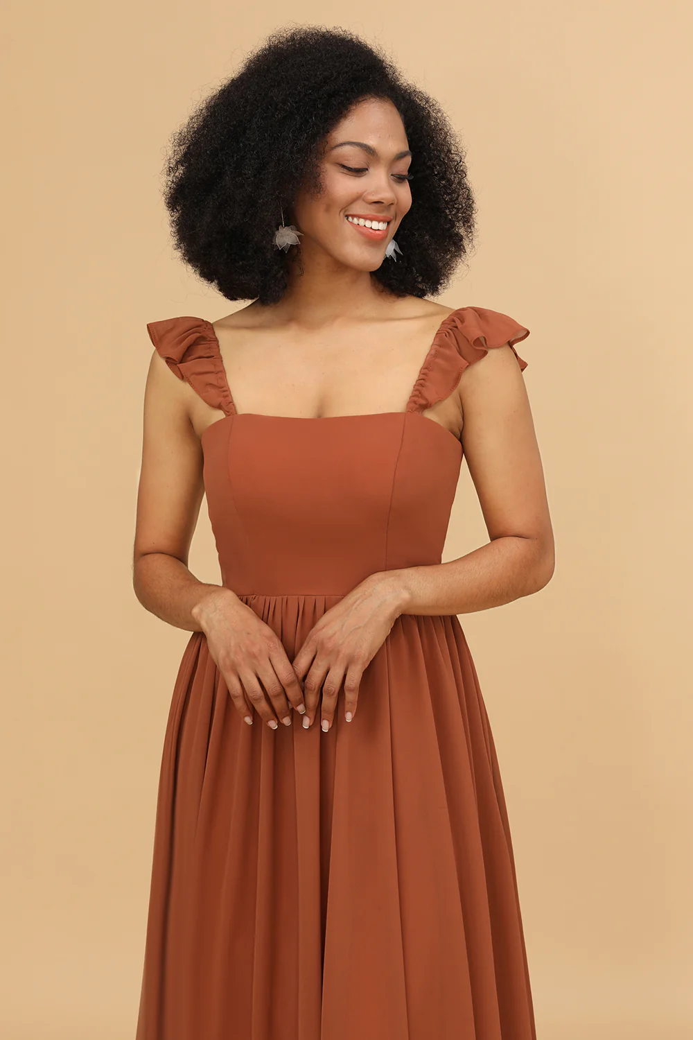 Terracotta A-line Straps Chiffon Bridesmaid Dress - JUORTHO