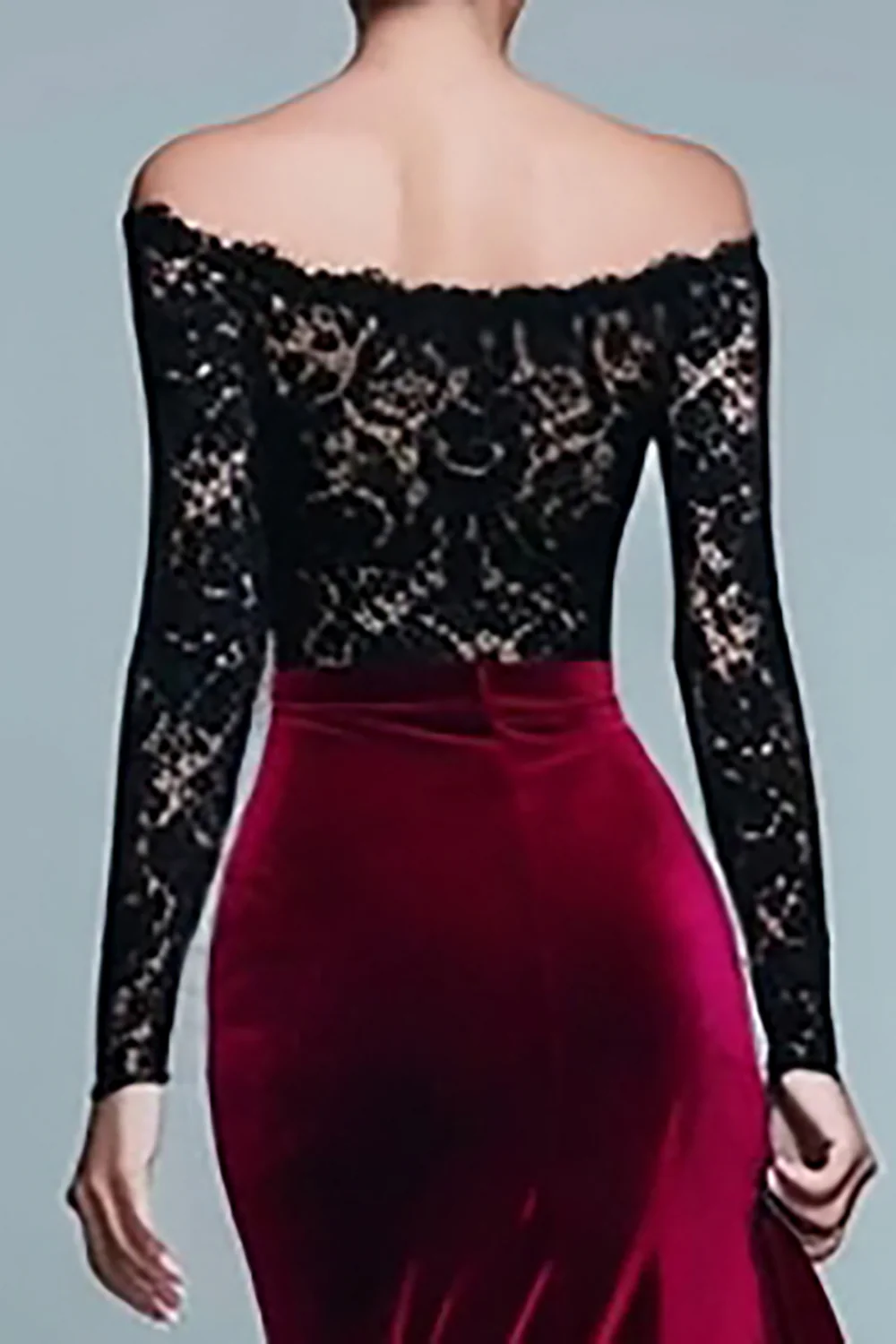 Black and Burgundy Mermaid Velvet Long Sleeves Holiday Party Dress with Lace - JUORTHO