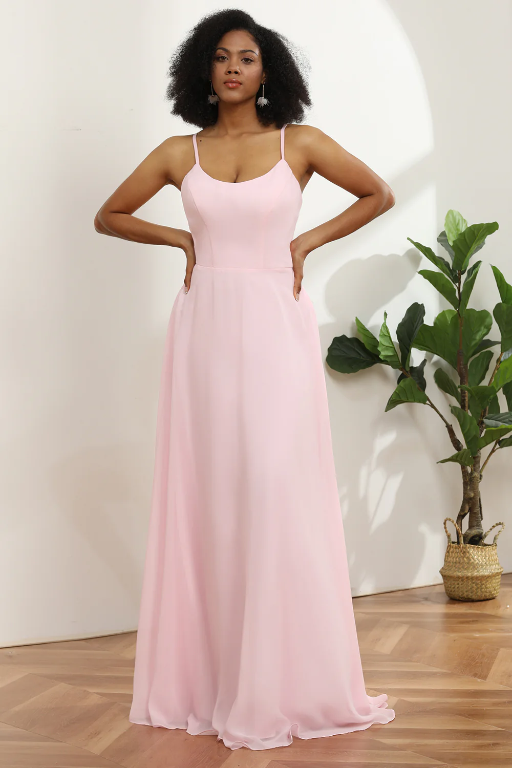 Spaghetti Straps Pink Chiffon Bridesmaid Dress with Pocket - JUORTHO