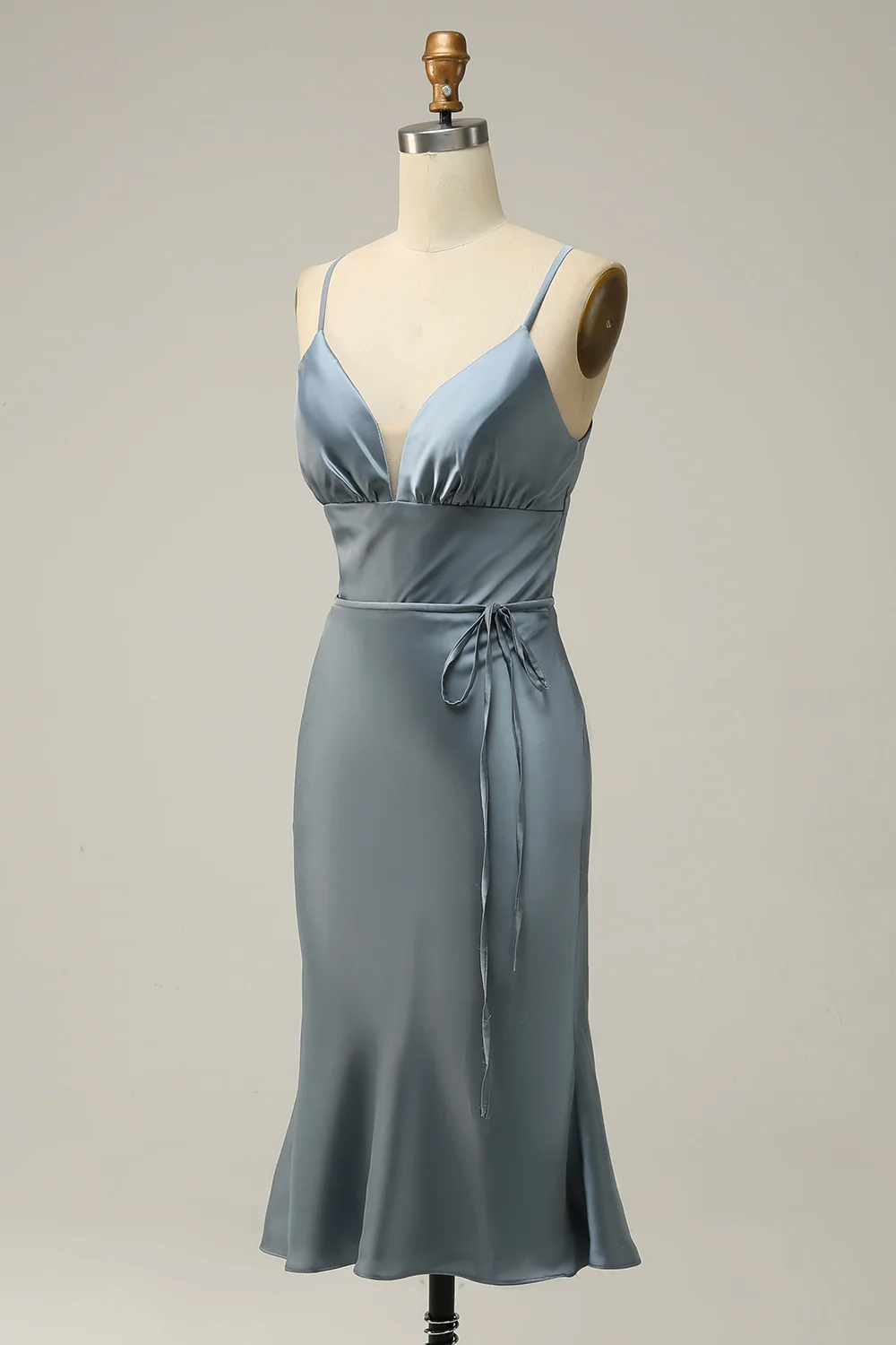 Sheath Spaghetti Straps Grey Blue Satin Bridesmaid Dress - JUORTHO
