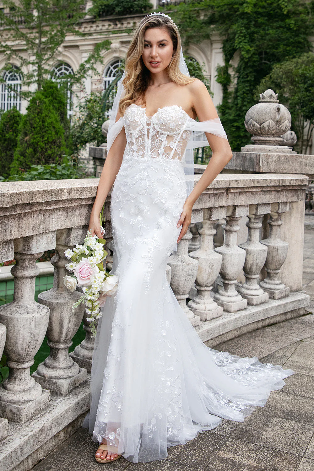 Sparkly White Off the Shoulder Corset Mermaid Tulle Wedding Dress with Sequins - JUORTHO