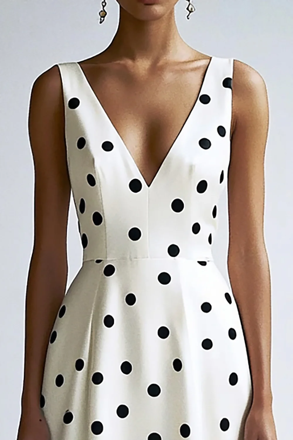 Satin Black and White V-Neck A Line Midi Polka Dot Dress - JUORTHO