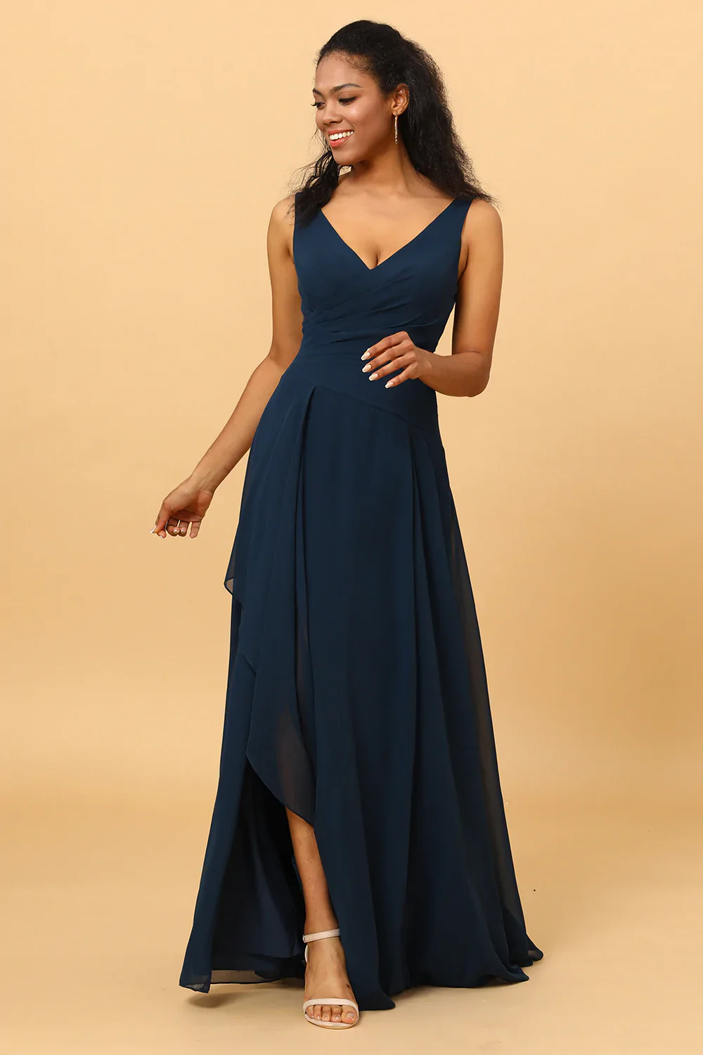Navy V-Neck Chiffon Bridesmaid Dress with Ruffles - JUORTHO