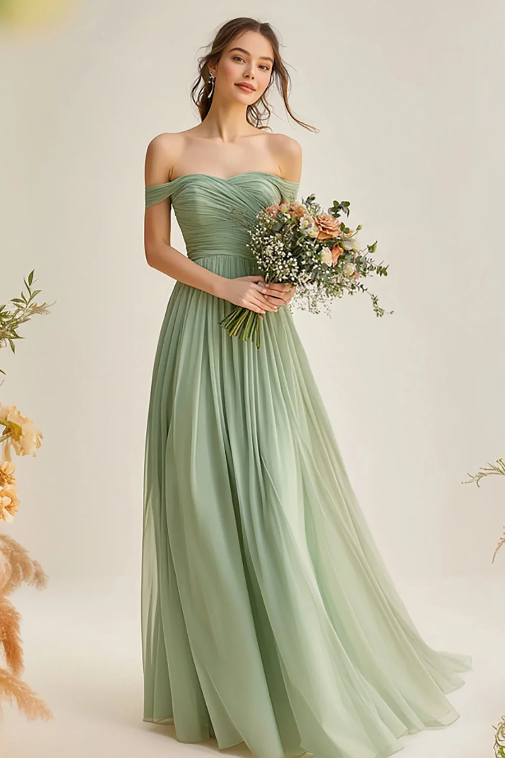 Tulle Dusty Sage A Line Off the Shoulder Long Bridesmaid Dress - JUORTHO