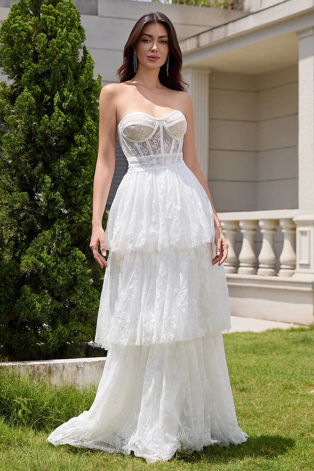 White Strapless A Line Corset Tiered Long Wedding Dress - JUORTHO