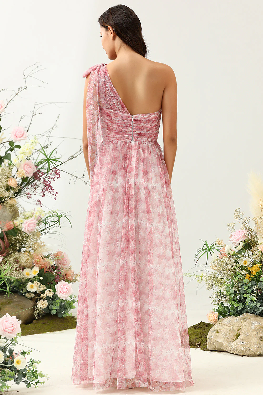 Red A Line One Shoulder Print Long Tulle Bridesmaid Dress - JUORTHO