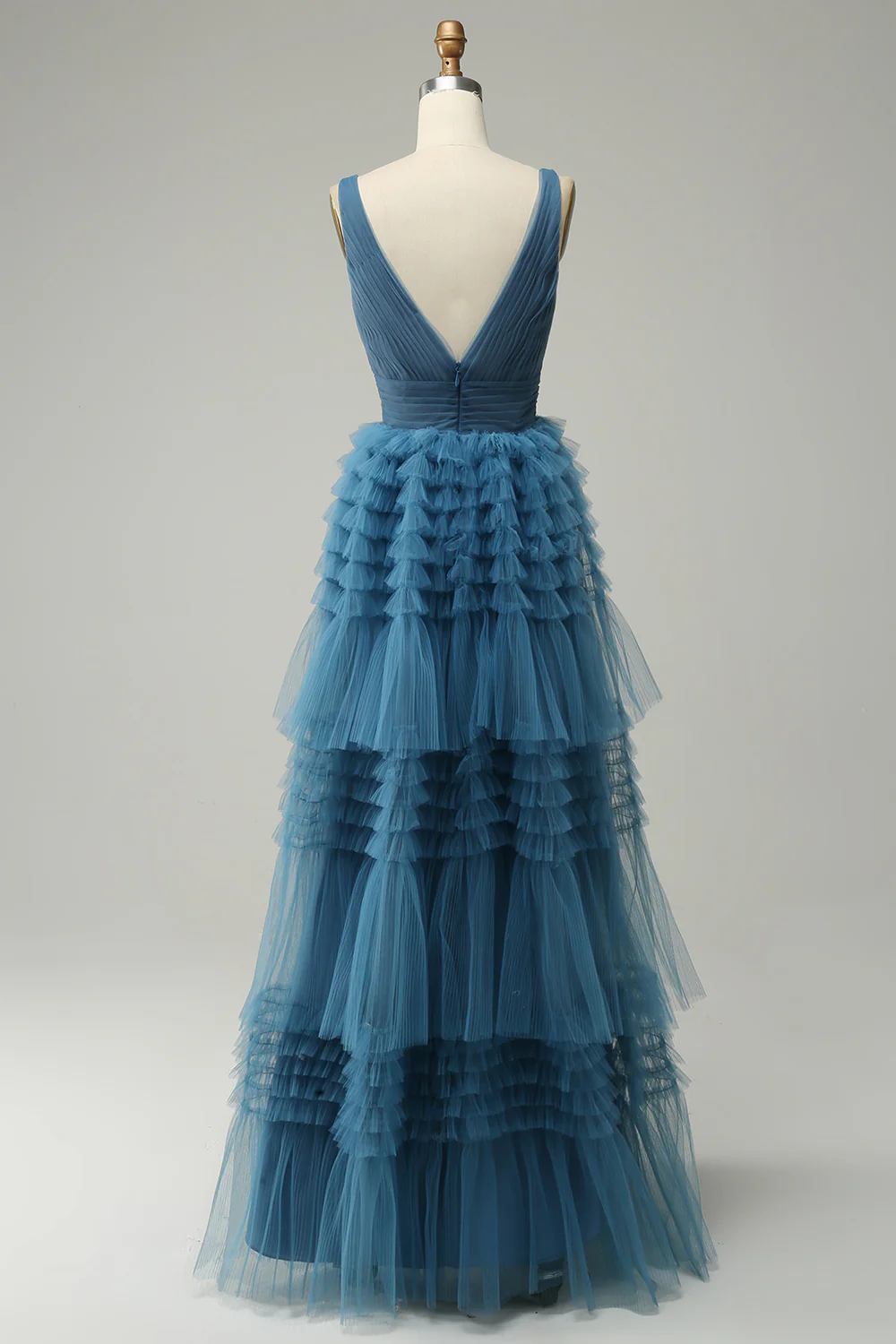 A Line V-neck Blue Tiered Prom Dress - JUORTHO