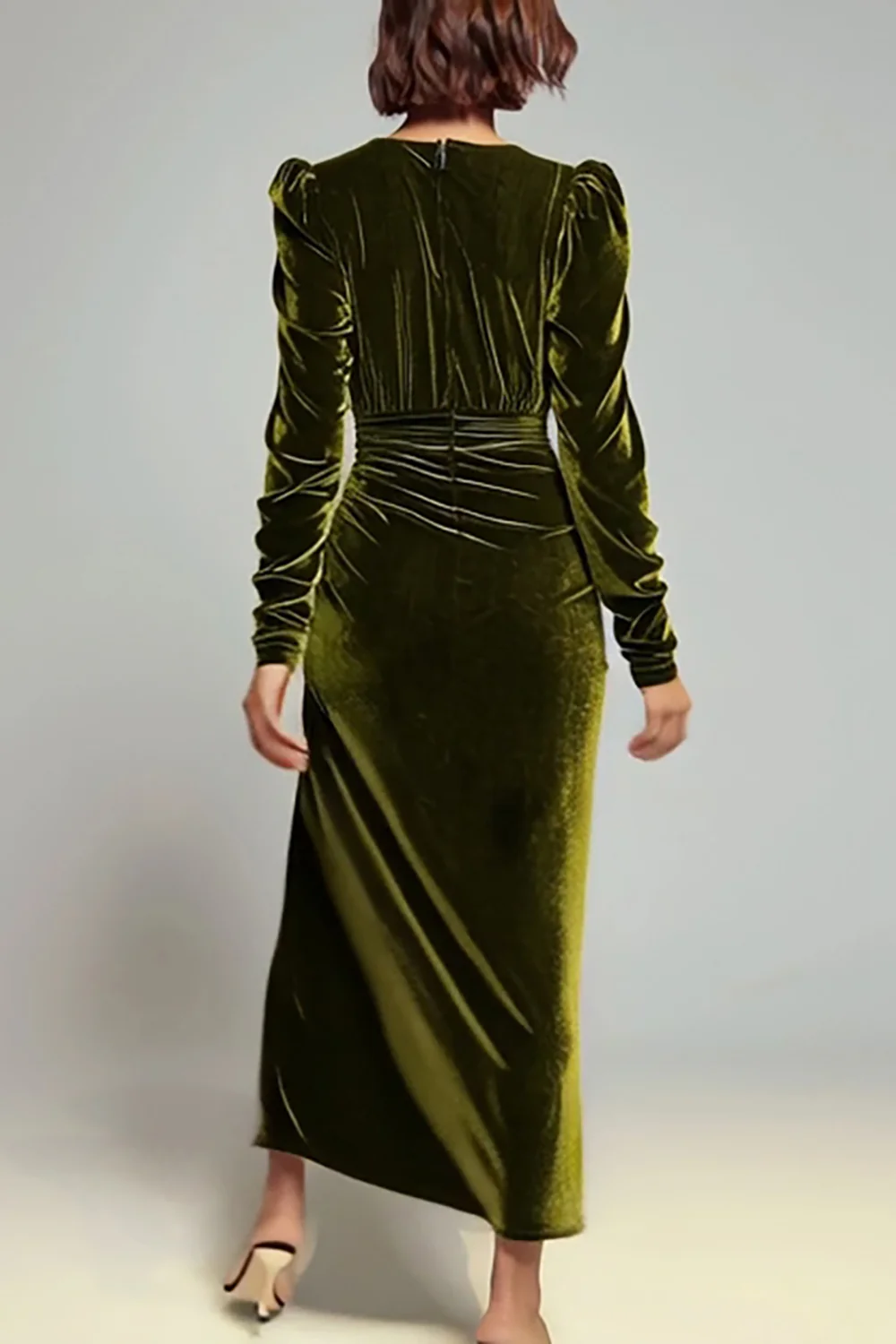 Olive Sheath Velvet Deep V-Neck Long Holiday Party Dress with Sleeves - JUORTHO
