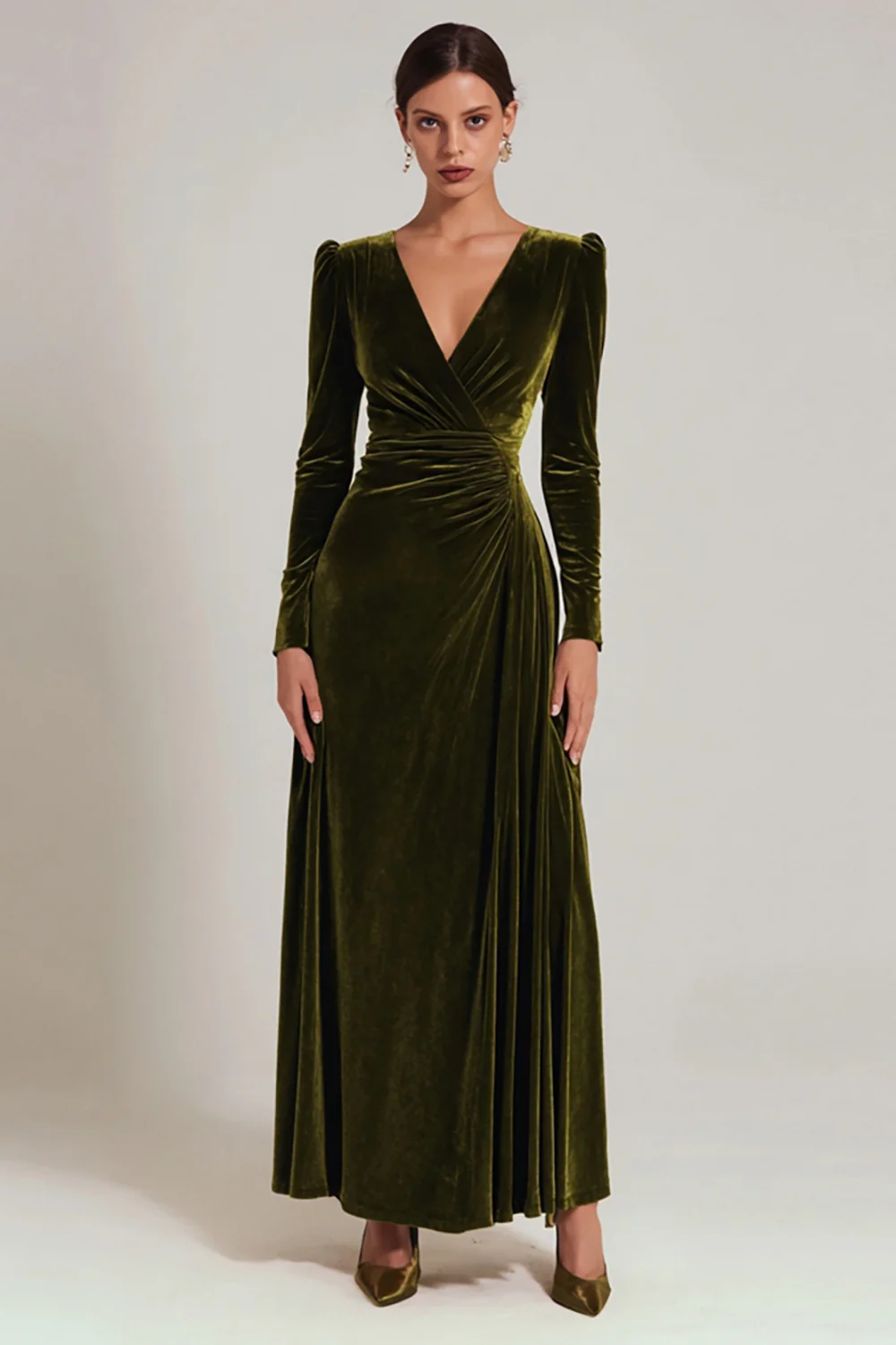 Olive Velvet A Line V-Neck Long Holiday Party Dress with Sleeves - JUORTHO