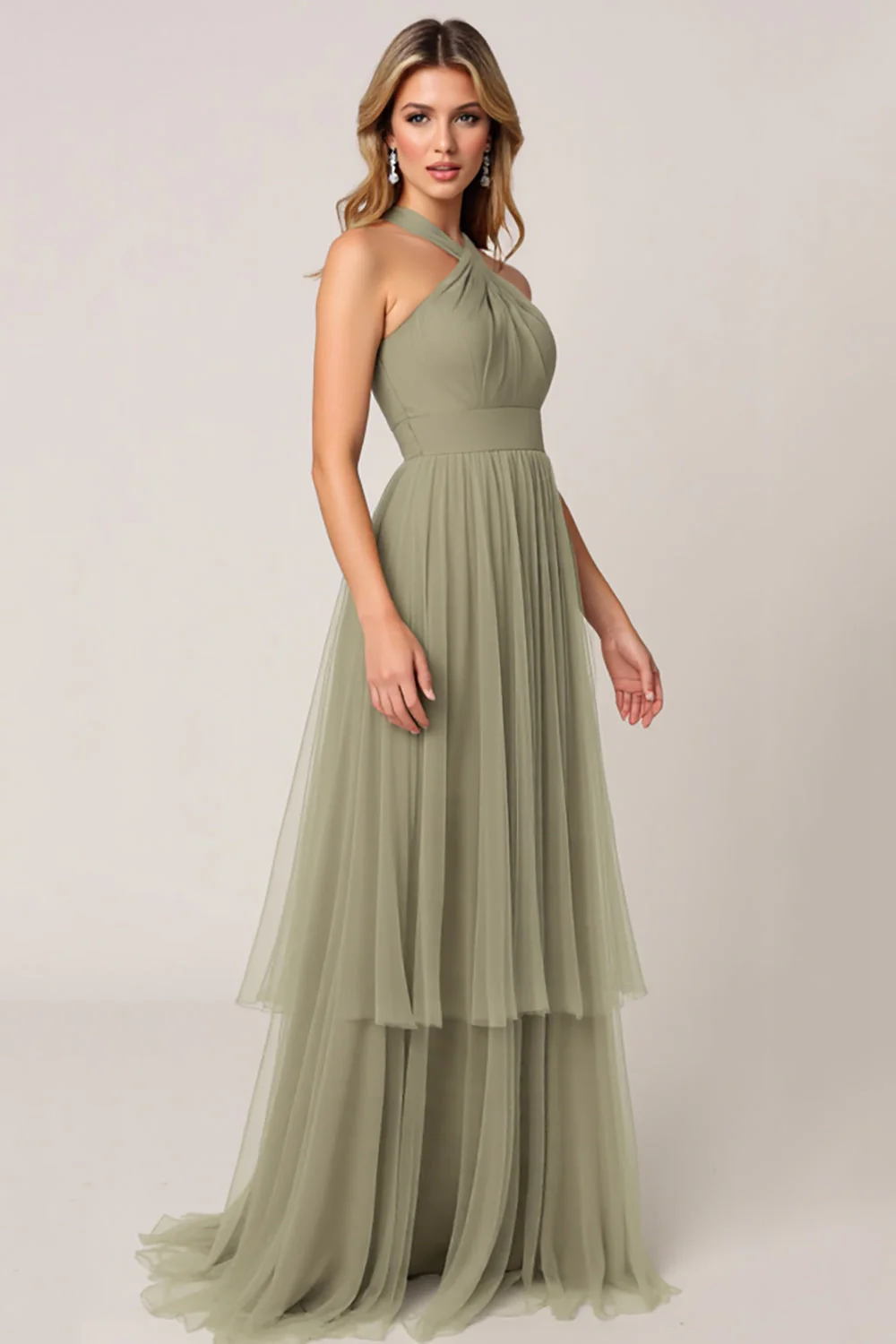Olive Tulle Tiered Halter Long Tiered Bridesmaid Dress - JUORTHO