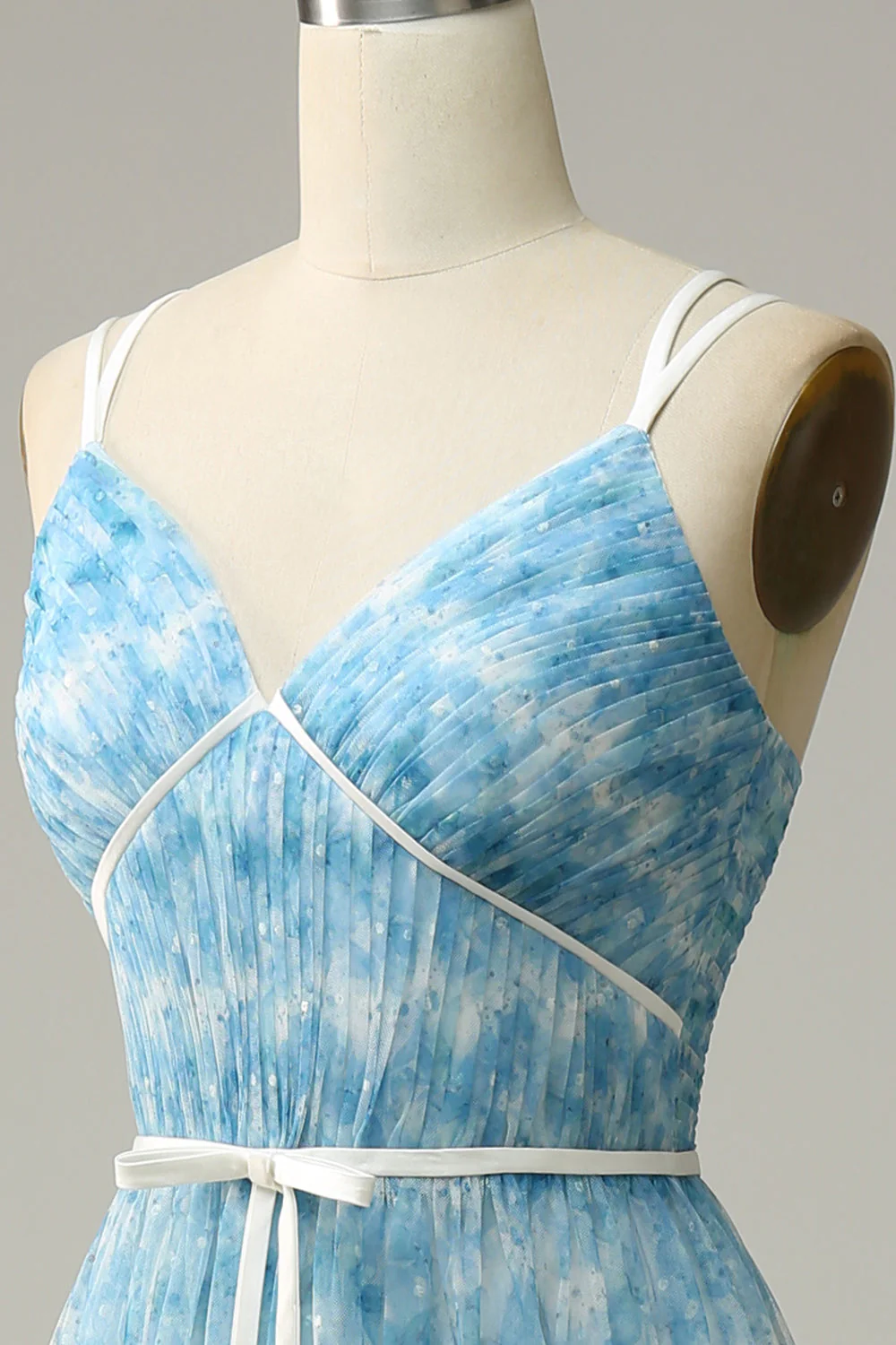 Blue Printed A-Line Tulle Long Bridesmaid Dress - JUORTHO