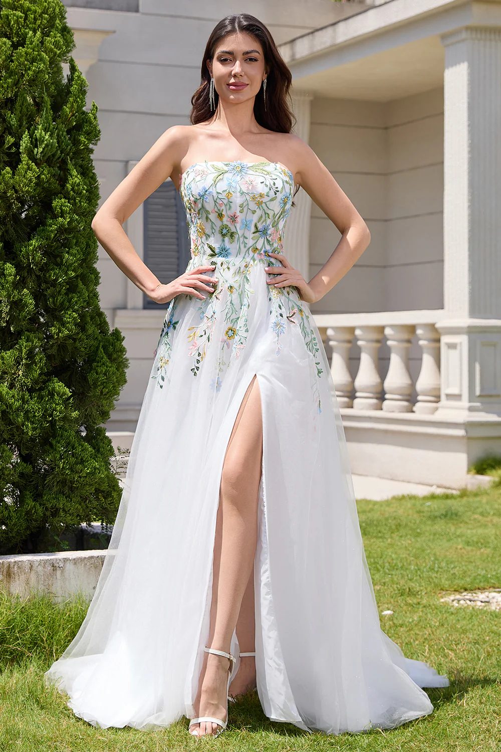 White A Line Strapless Tulle Slit Wedding Dress with 3D Flowers - JUORTHO