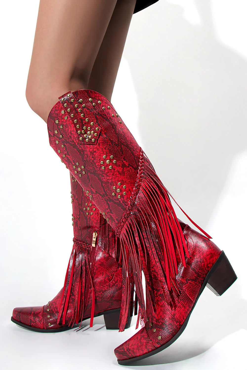 Women's Black Beaded Fringes Pointed Toe Chunky Hell Boots - JUORTHO