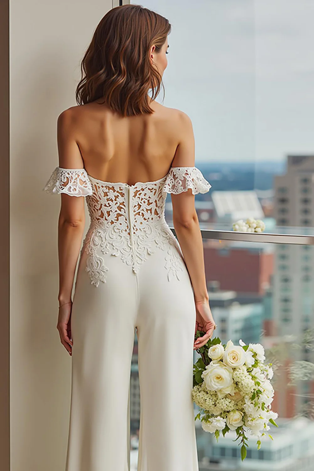 White Lace Off the Shoulder Bridal Jumpsuits - JUORTHO