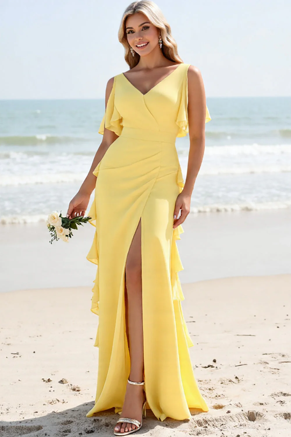 Daffodil Sheath Long V Neck Bridesmaid Dress with Ruffles - JUORTHO