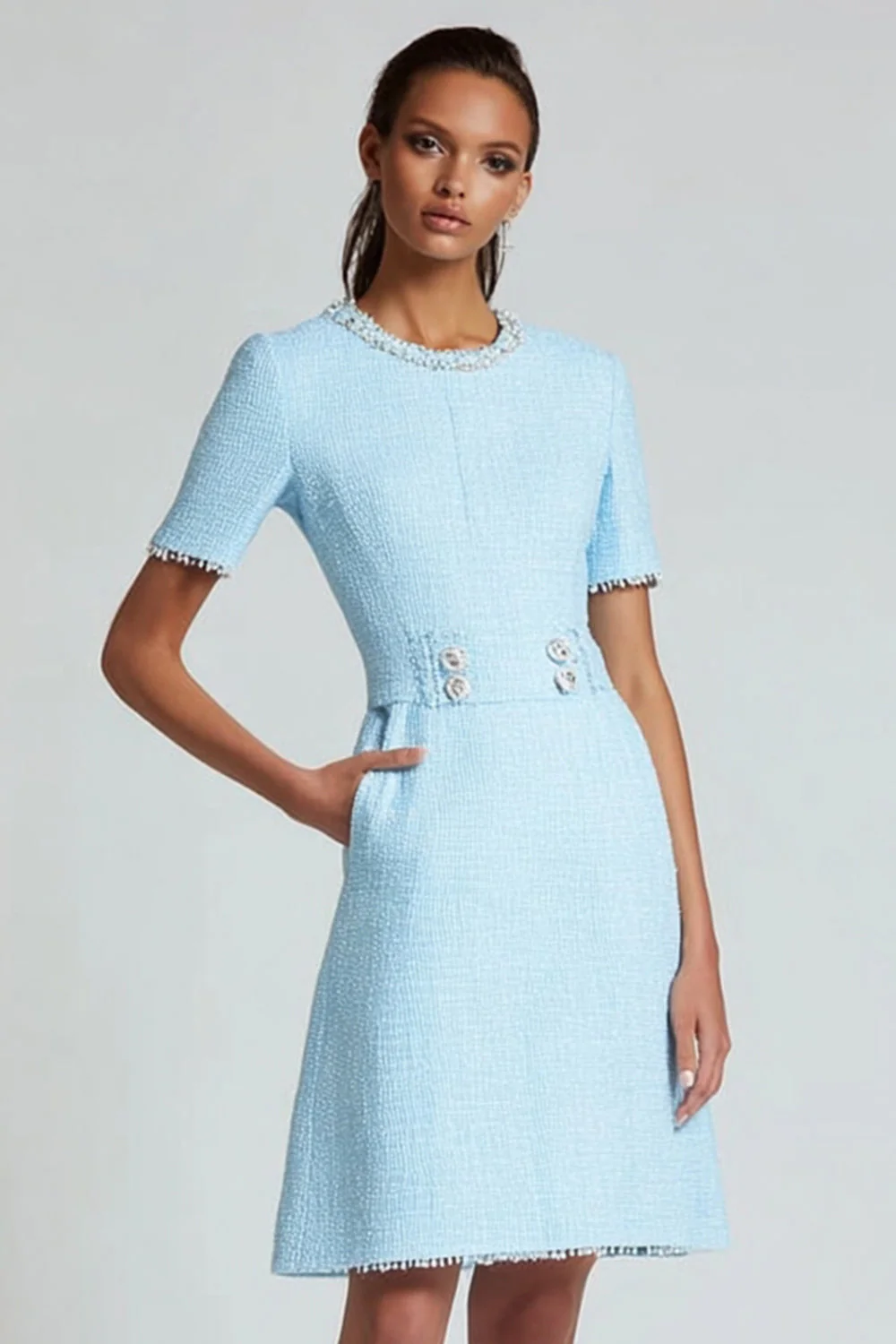 Blue Tweed A Line Round Neck Short Sleeves Homecoming Dress with Pockets - JUORTHO
