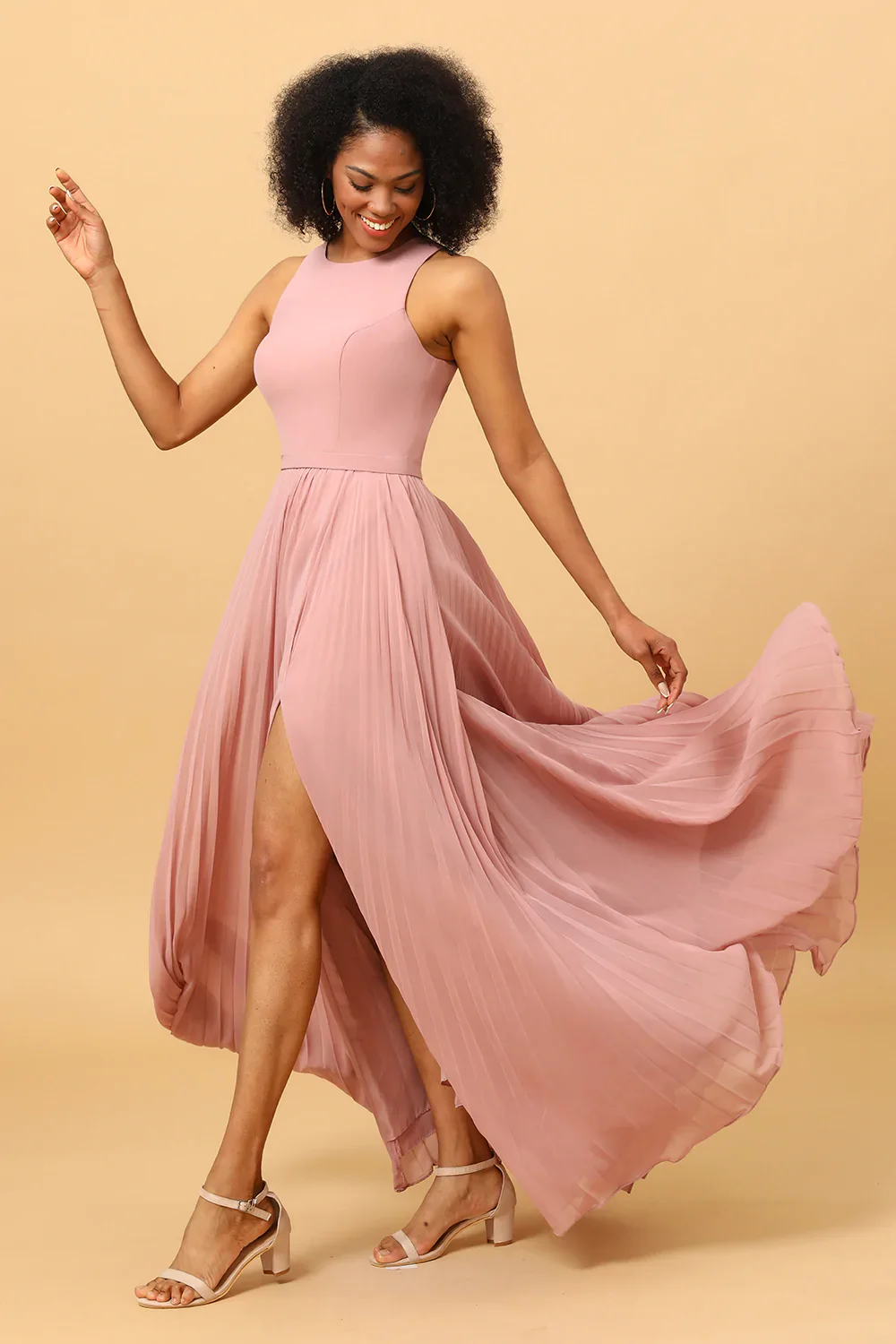 Blush Long Chiffon Pleated Bridesmaid Dress with Slit - JUORTHO