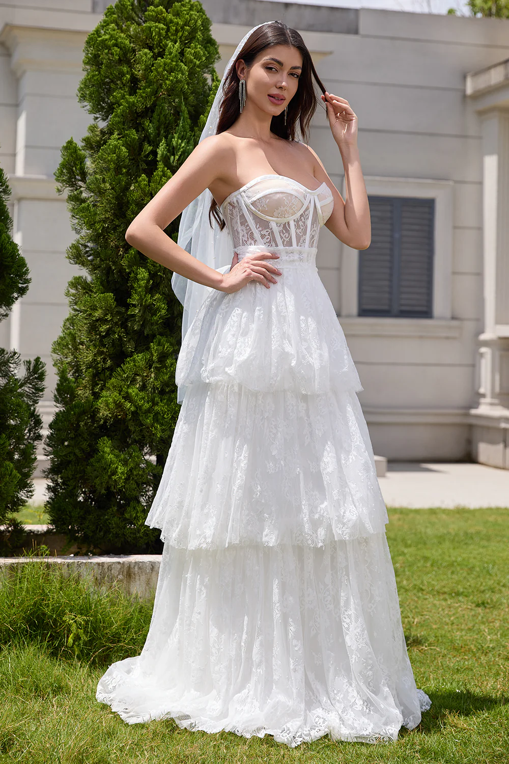 White Strapless A Line Corset Tiered Long Wedding Dress - JUORTHO
