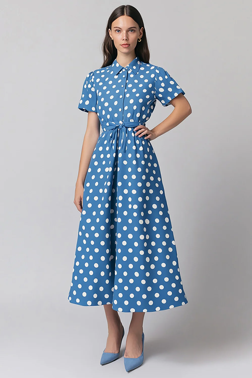Satin Short Sleeves Blue and White A Line Maxi Polka Dot Dress with Sash - JUORTHO