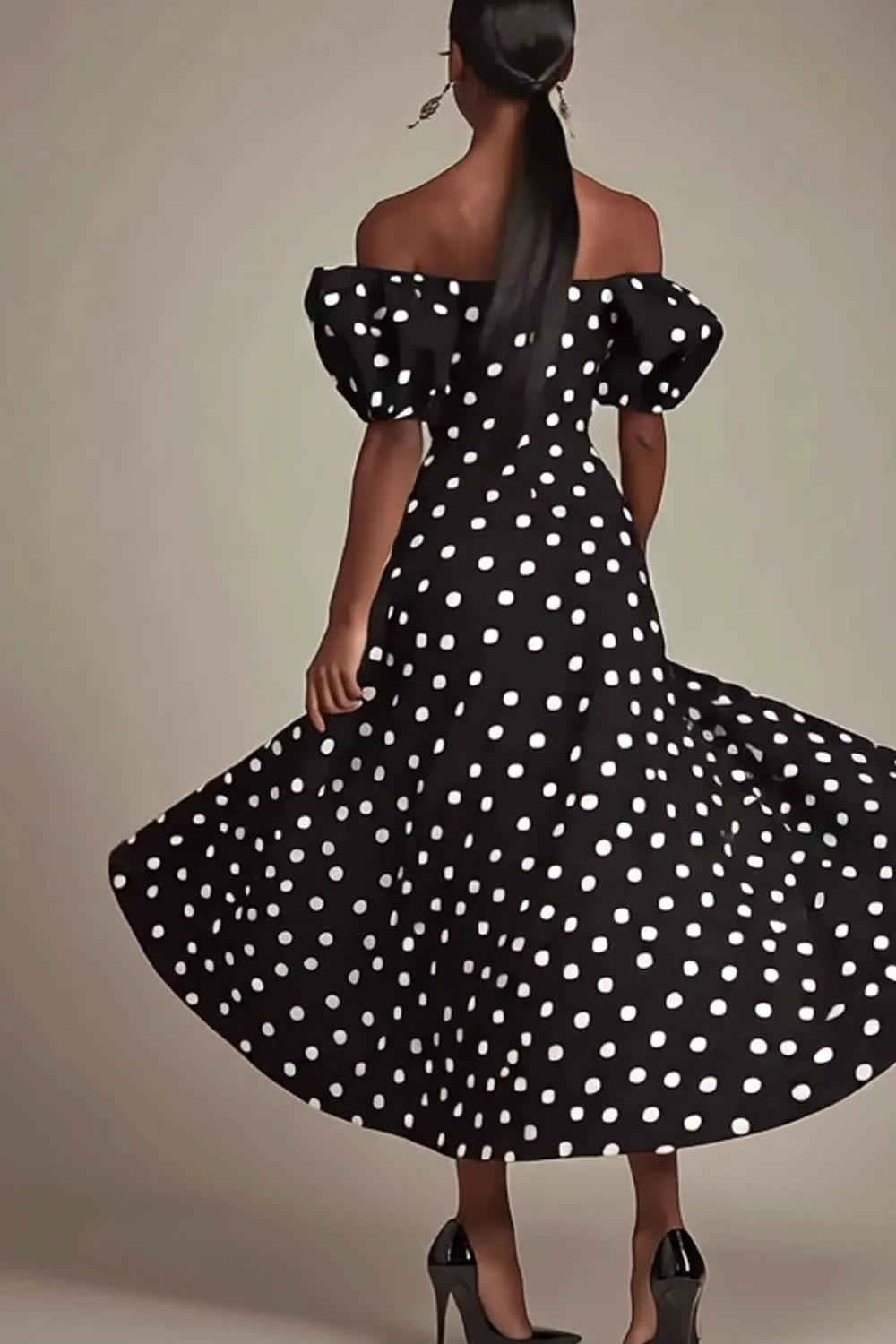 Boho Black and White Satin Puff Sleeves Maxi Polka Dot Dress with Slit - JUORTHO