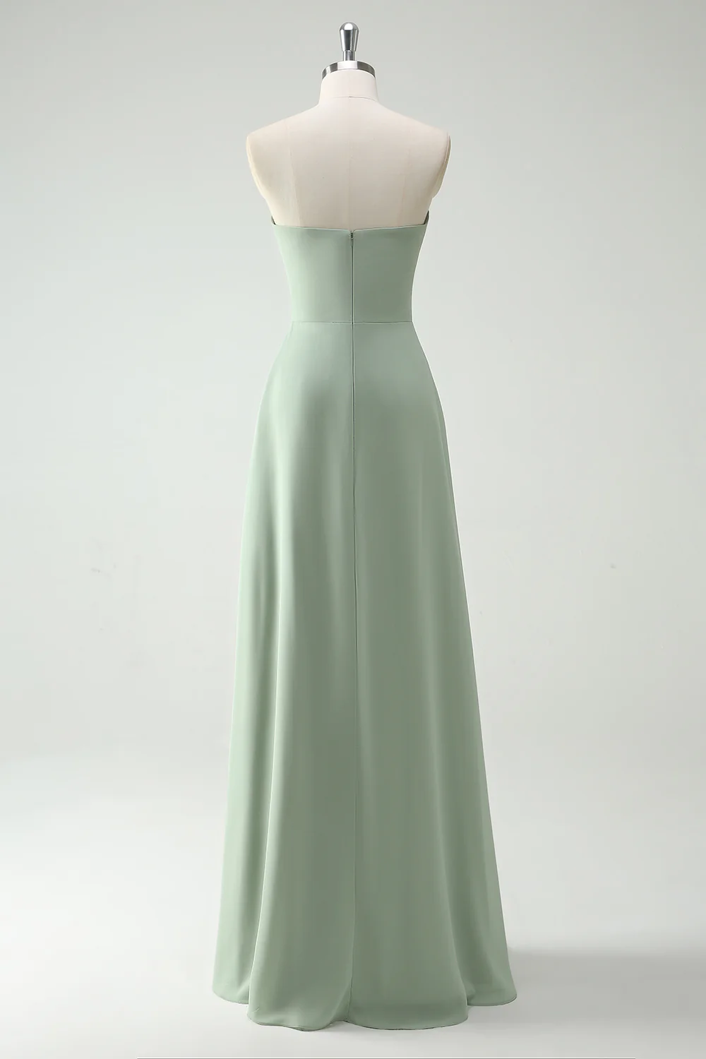 Dusty Sage Strapless A-Line Long Bridesmaid Dress With Slit - JUORTHO