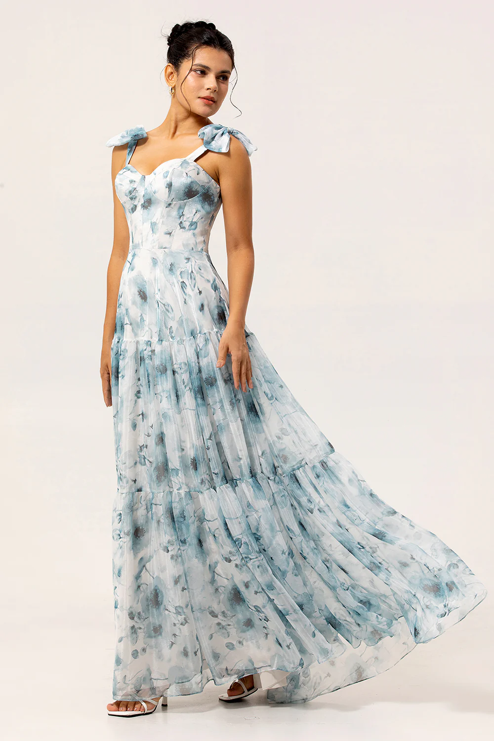 Blue A Line Floral Chiffon Long Bridesmaid Dress - JUORTHO