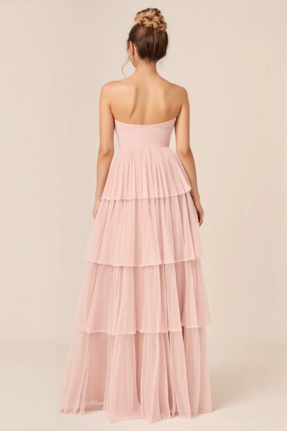 A Line Tiered Candy Pink Strapless Long Bridesmaid Dress - JUORTHO